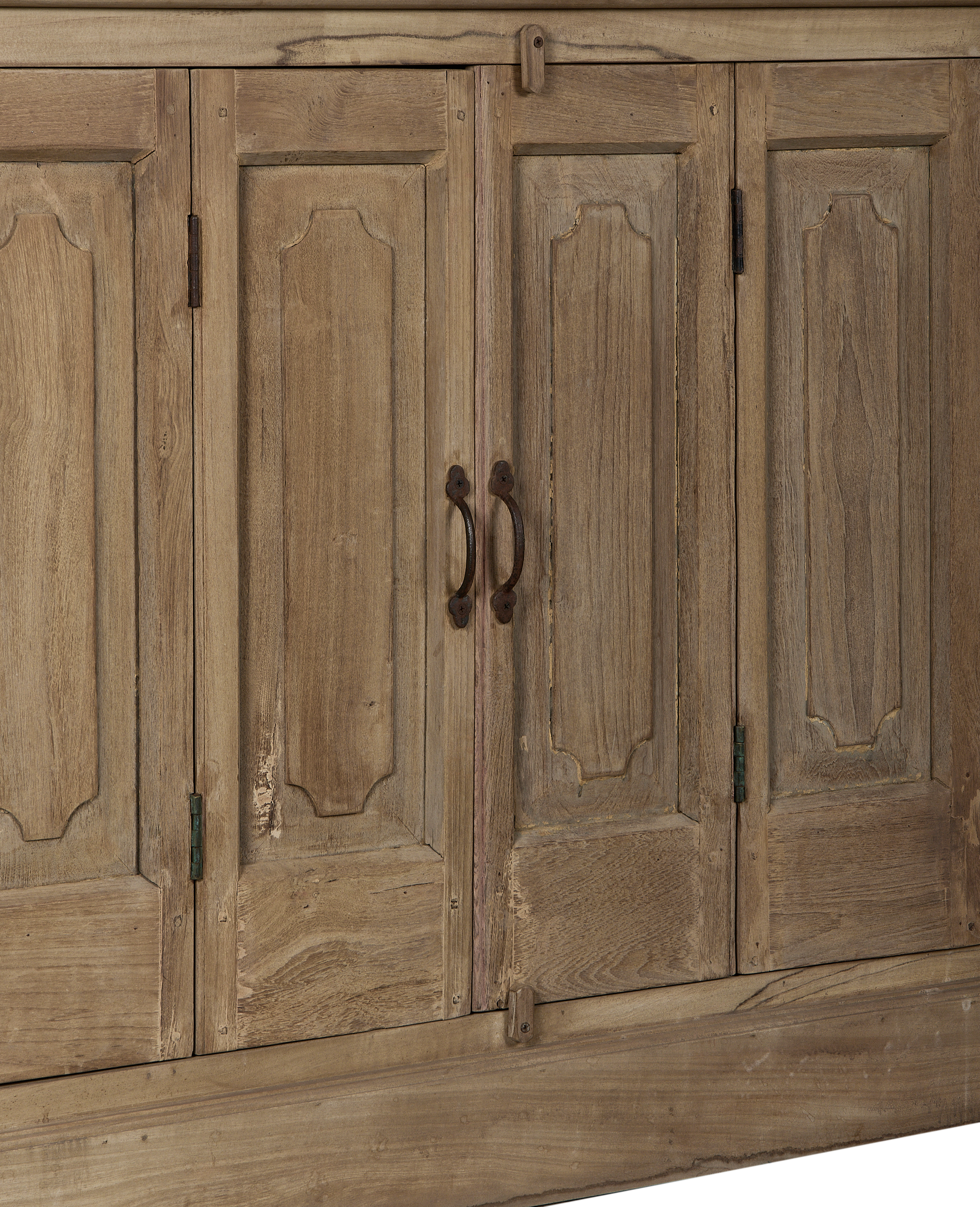 Vintage bleached oak cabinet doors from India, showing distressed wood, ornate handles, and hinges.