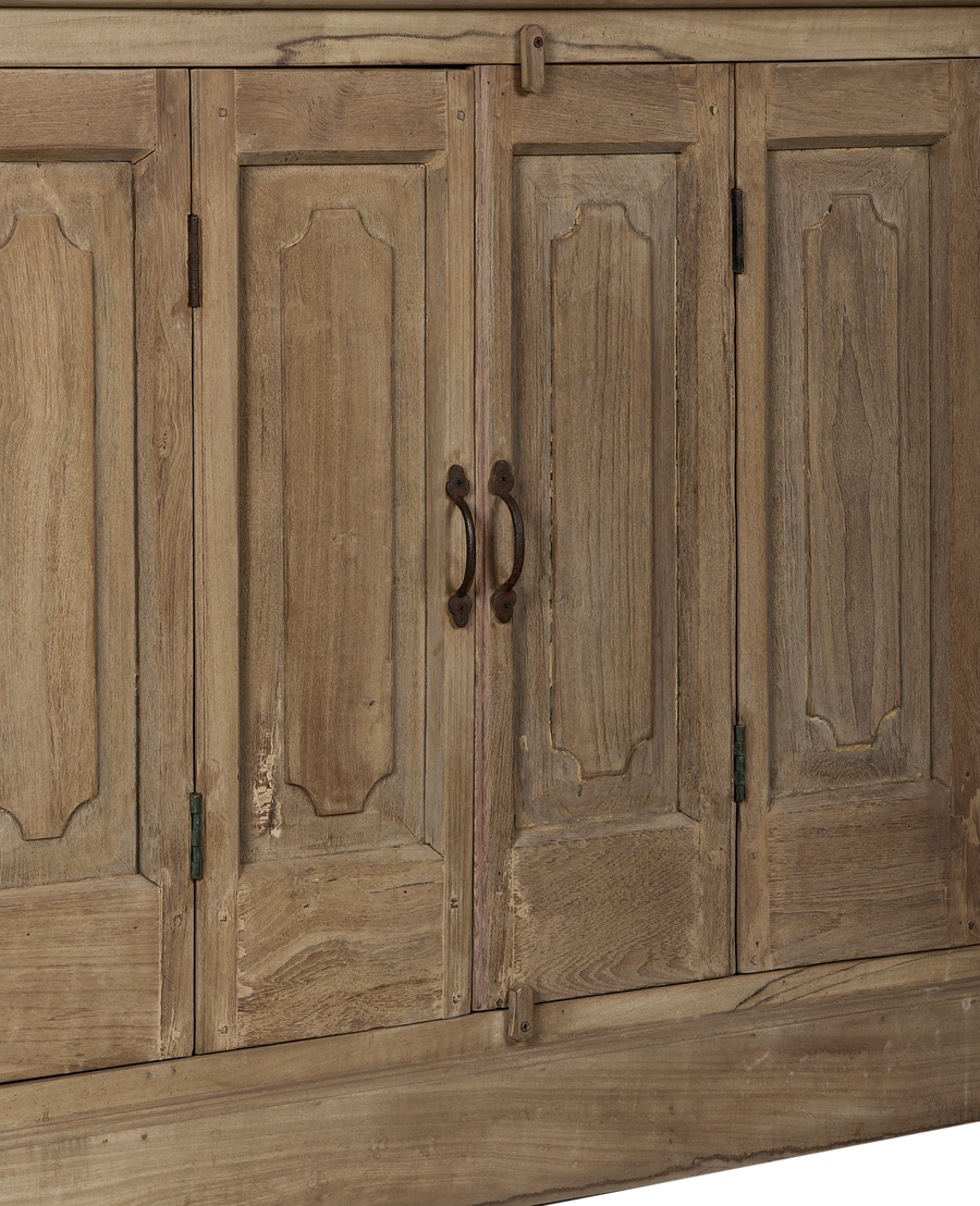 Vintage bleached oak cabinet doors from India, showing distressed wood, ornate handles, and hinges.