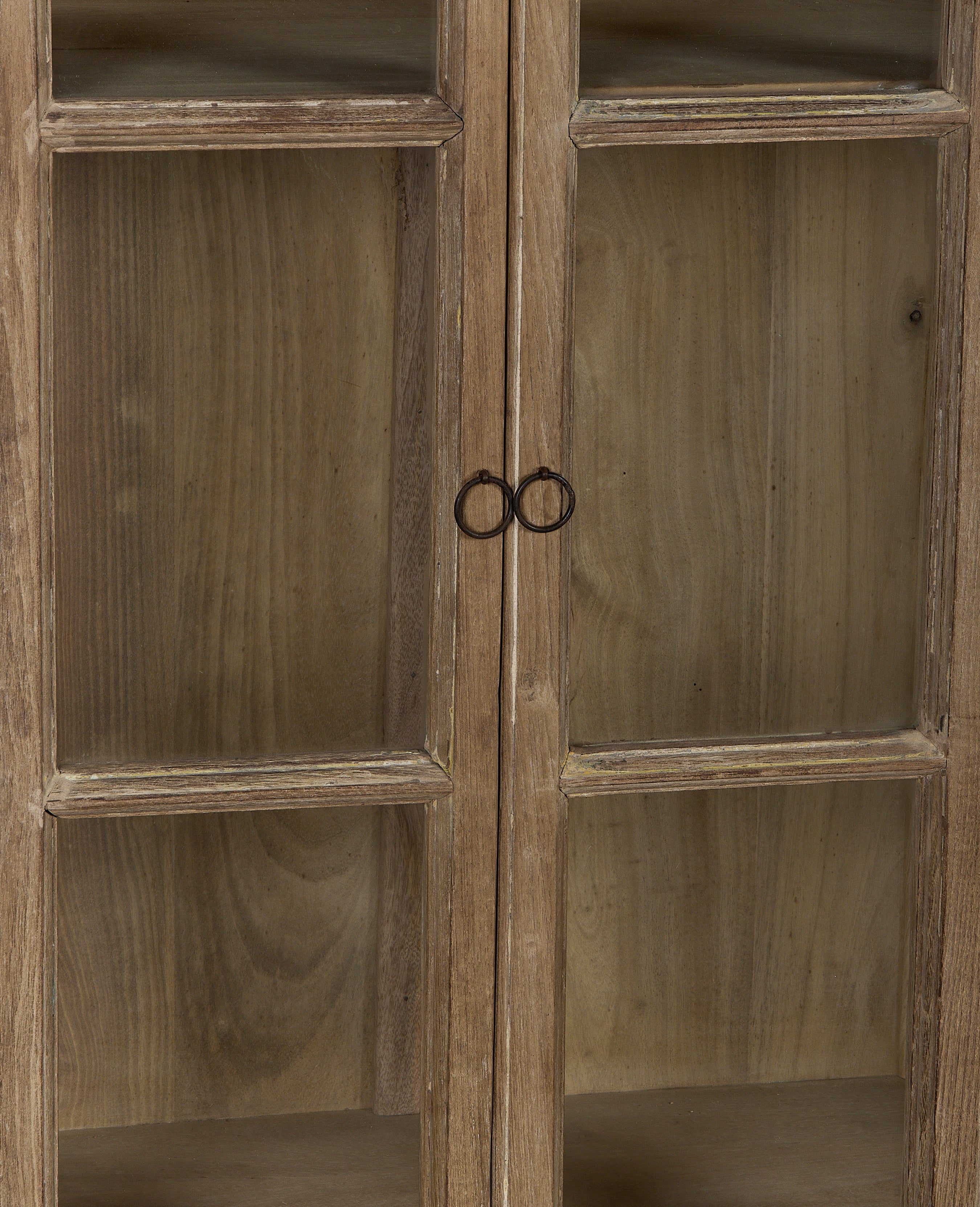 Vintage bleached oak wood cabinet doors from India, featuring small metal ring handles.