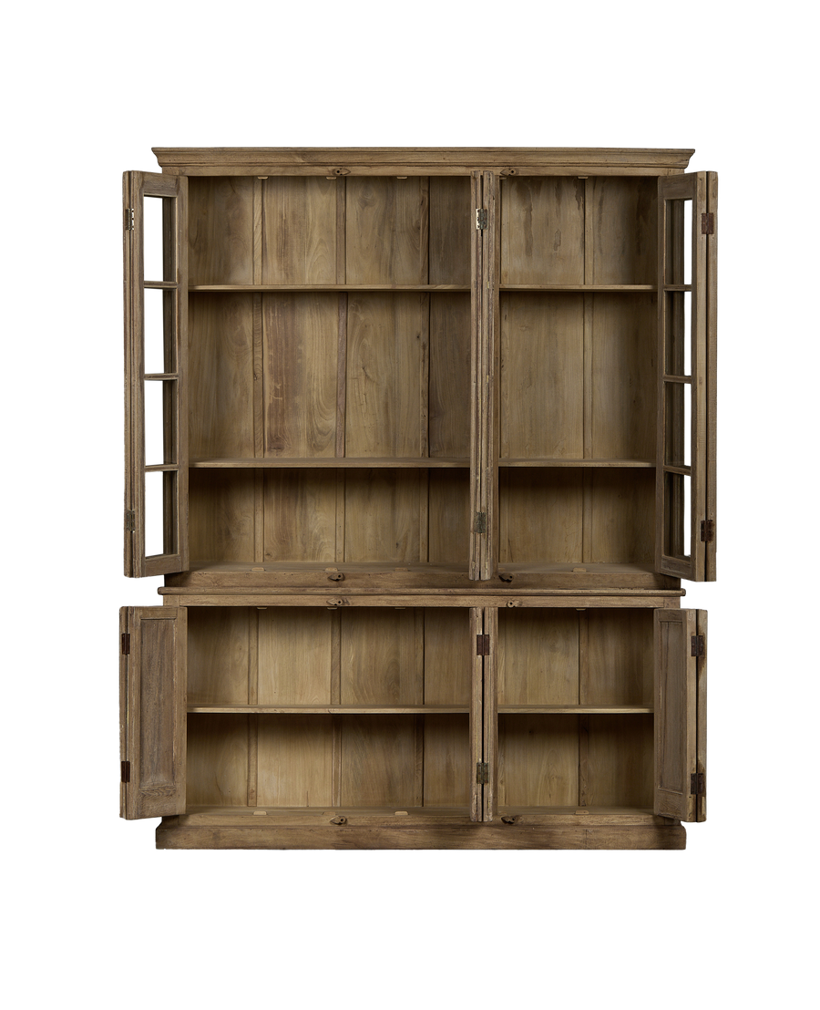 Vintage bleached oak cabinet from India with all doors open, showcasing interior shelves.