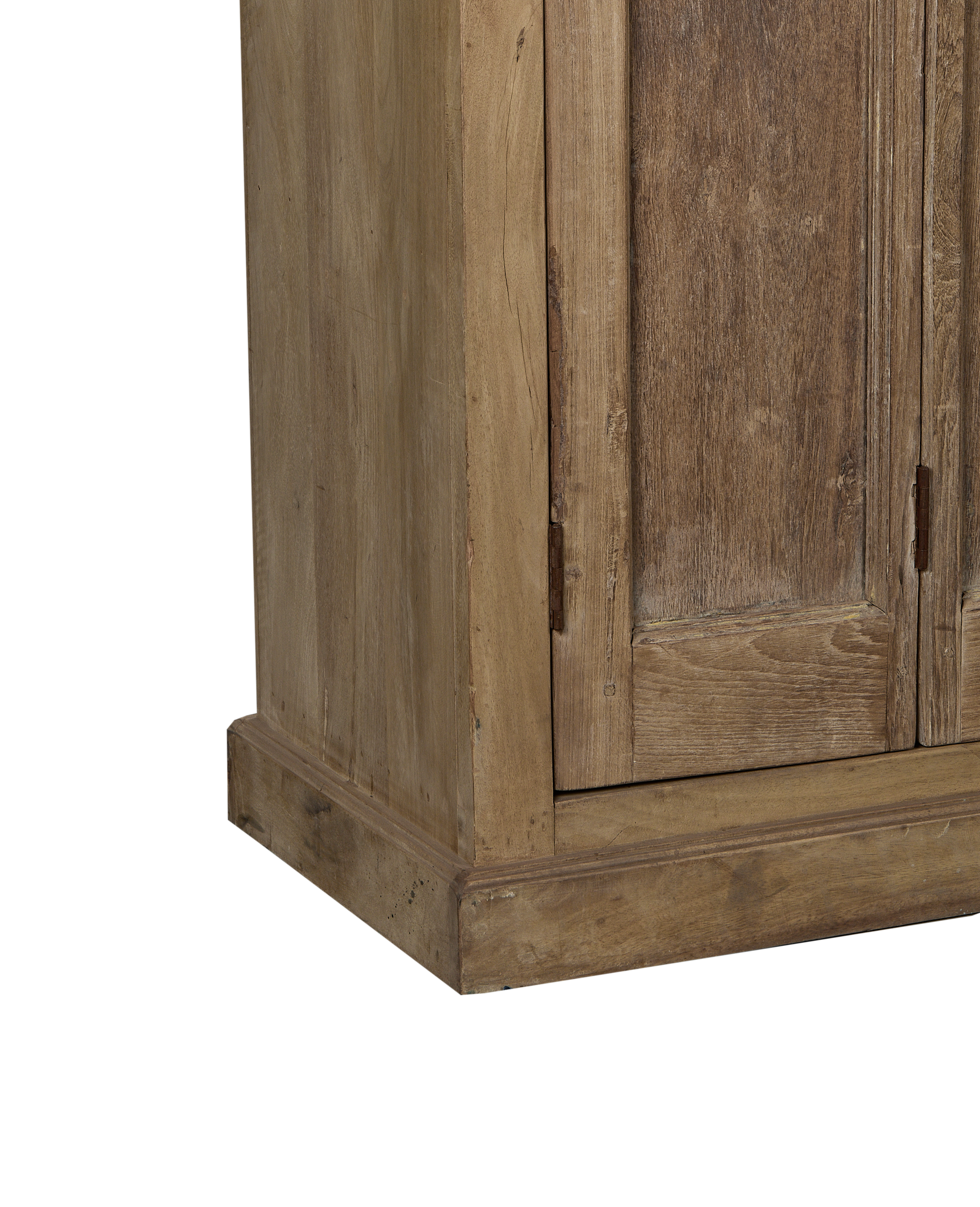Bleached OAK vintage cabinet base detail, showcasing aged wood grain and molding from India.