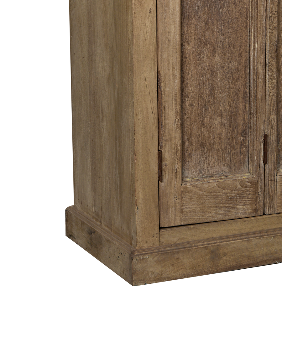 Bleached OAK vintage cabinet base detail, showcasing aged wood grain and molding from India.