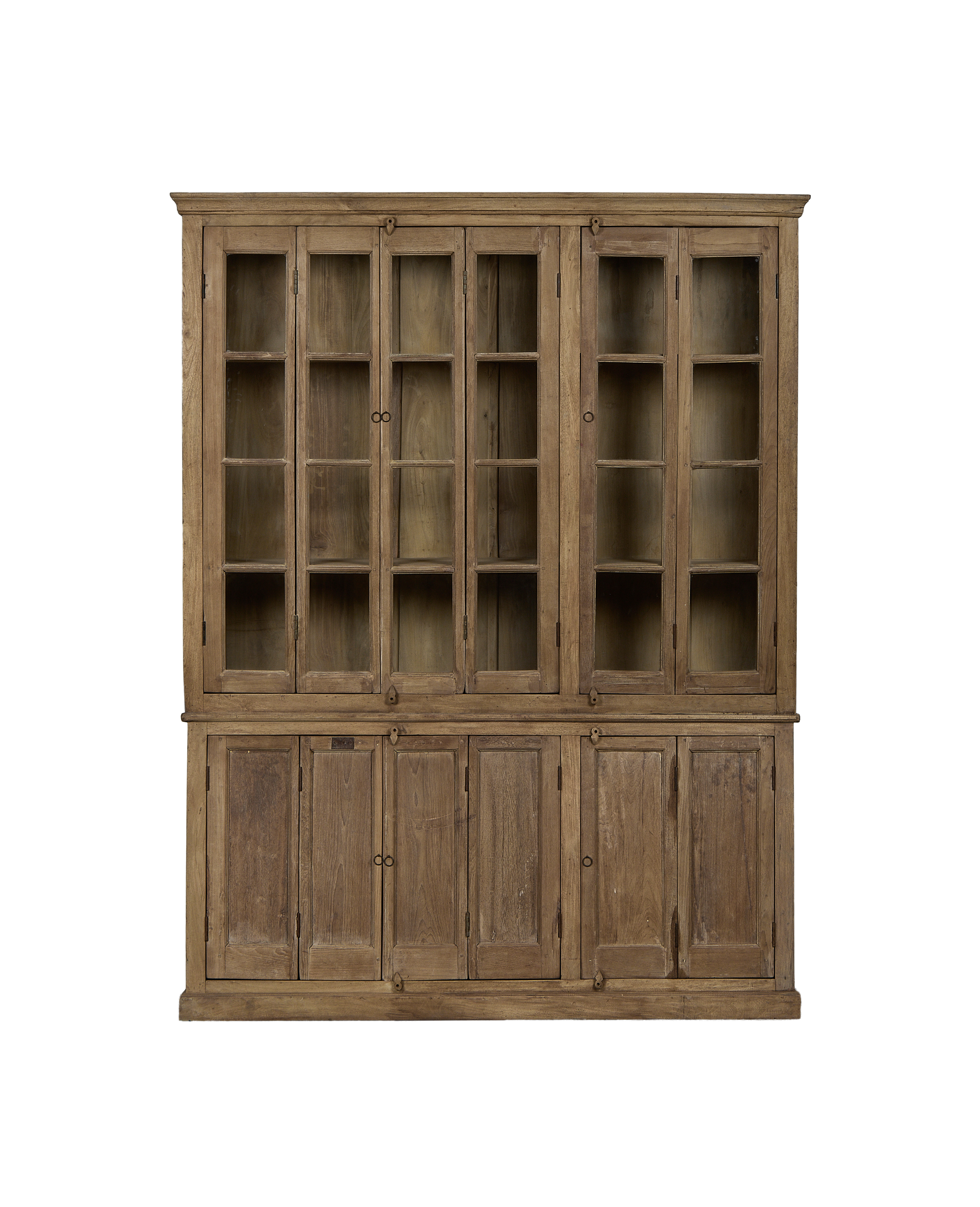 Vintage Indian bleached oak cabinet: upper glass-fronted doors, lower solid wood doors, and distressed texture.