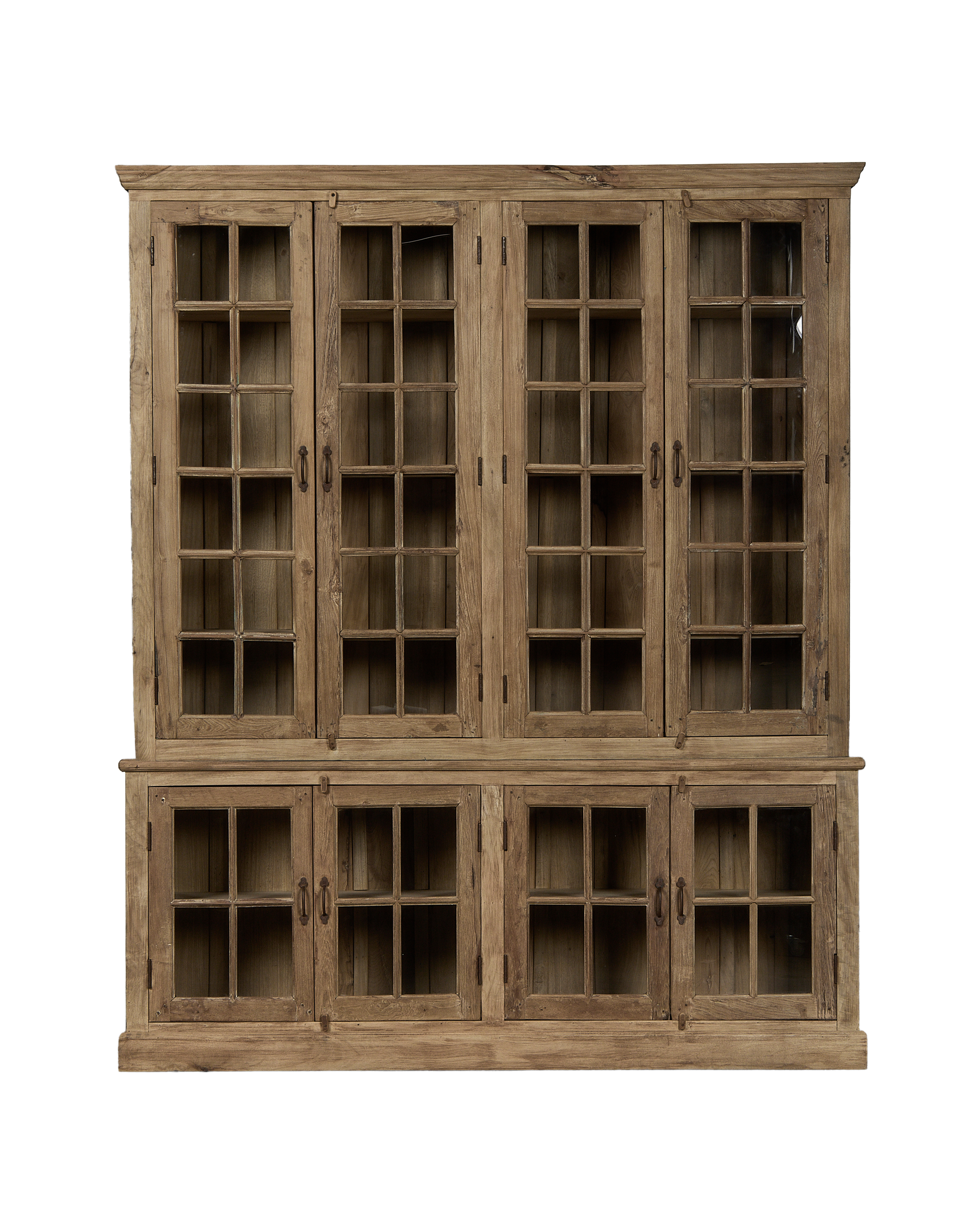 Vintage Indian bleached oak cabinet with glass-paned doors and aged hardware.