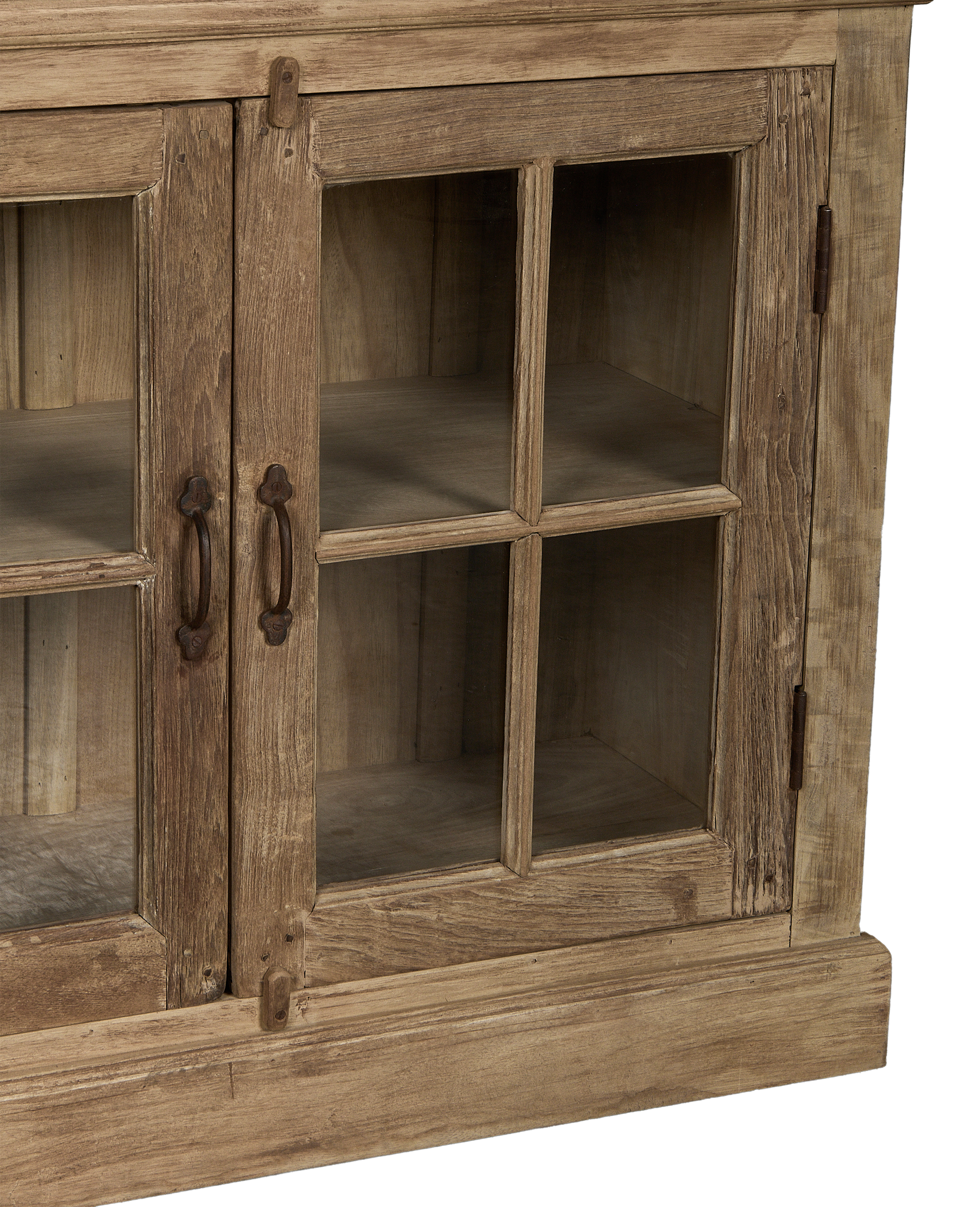 Vintage bleached oak cabinet with glass-paned doors and distressed bronze hardware.