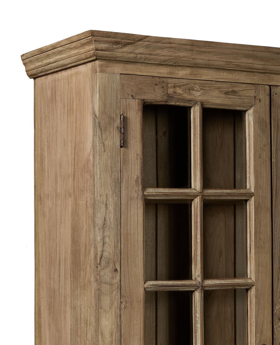 Vintage bleached oak cabinet from India, showing intricate door detail and rustic hardware.