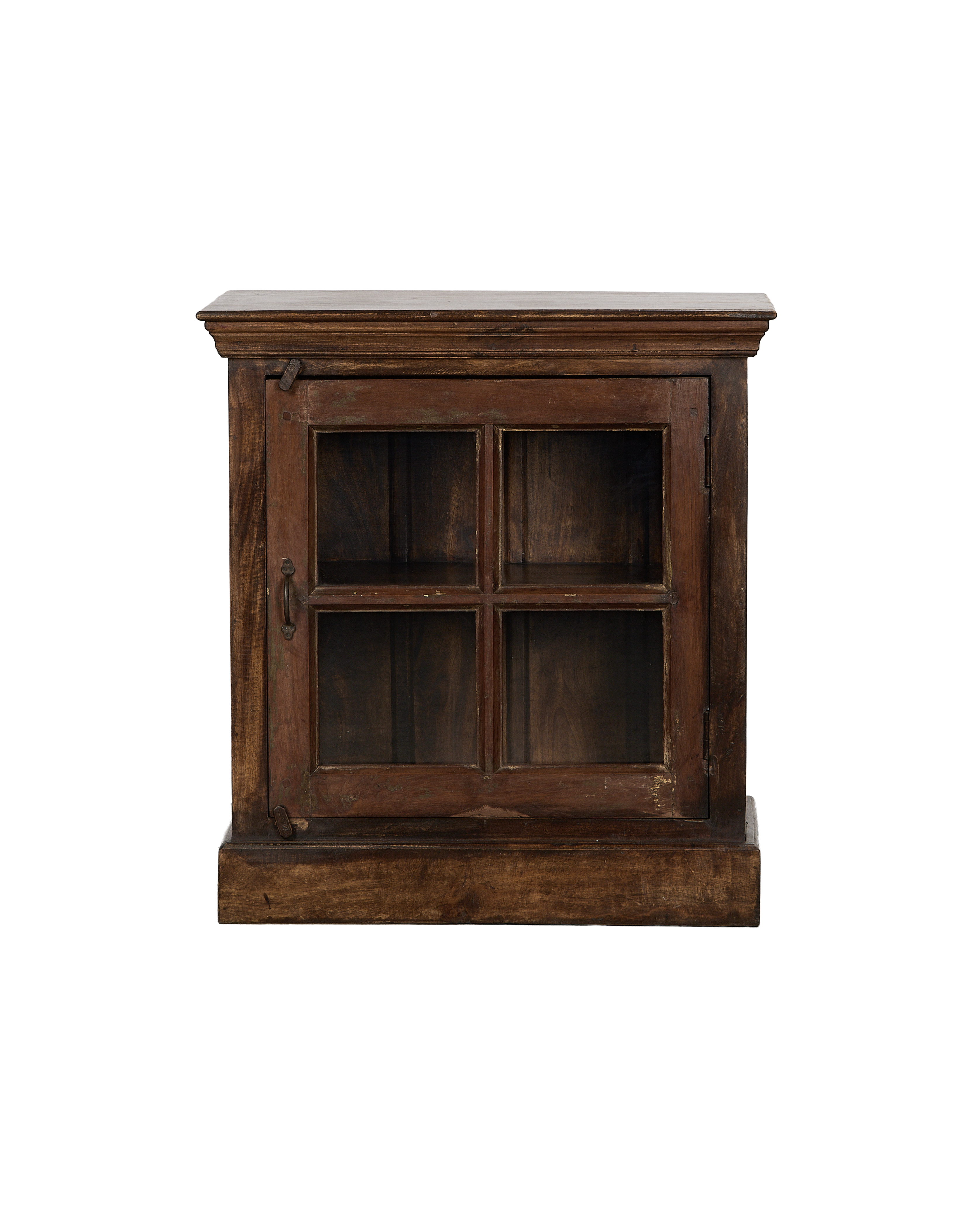 Vintage Indian oak cabinet, natural wood finish, single glass door, rustic appeal.