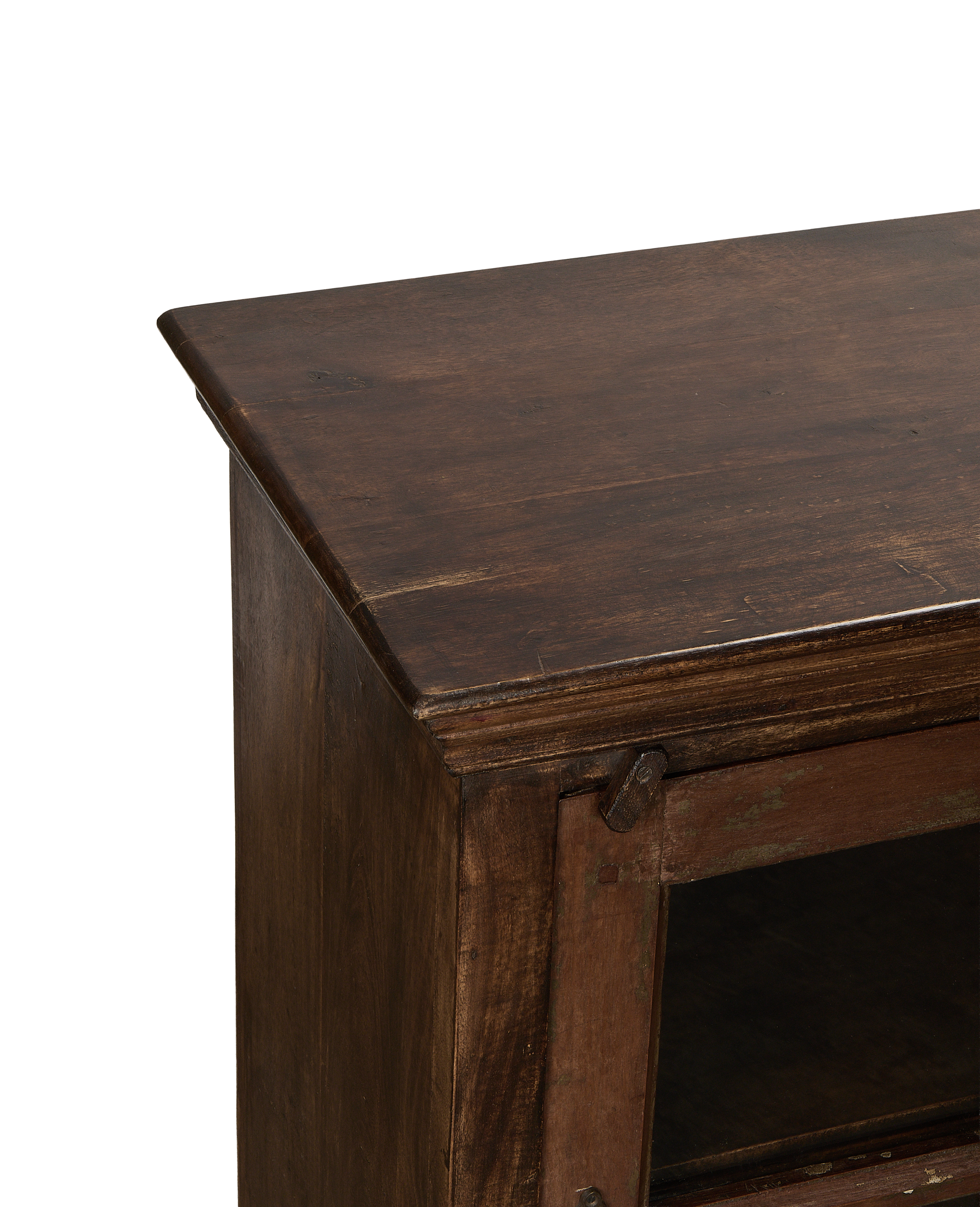 Vintage Indian oak cabinet: detailed close-up of distressed top and side panel.