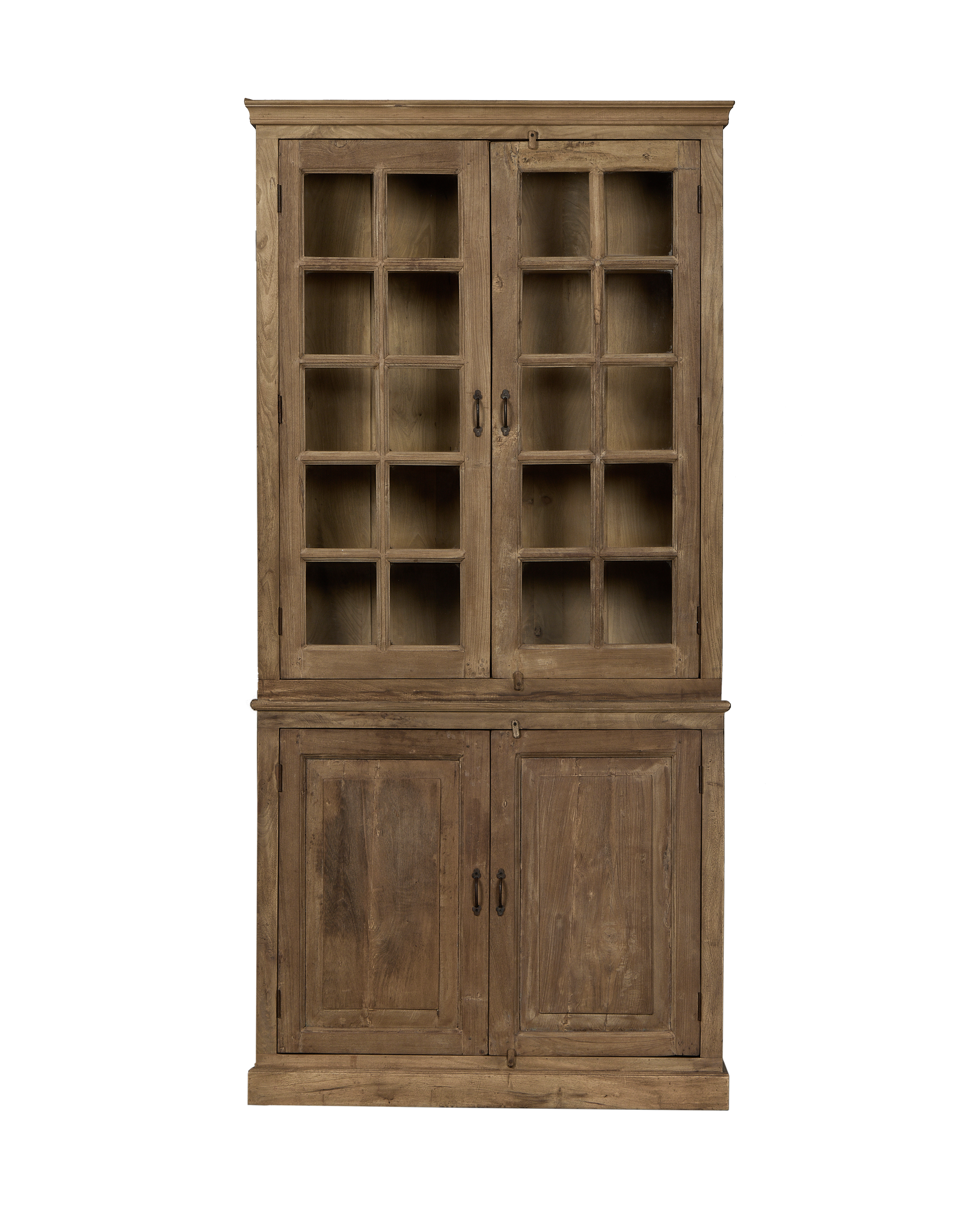 Vintage bleached oak wood cabinet from India, featuring glazed upper doors and solid lower doors.