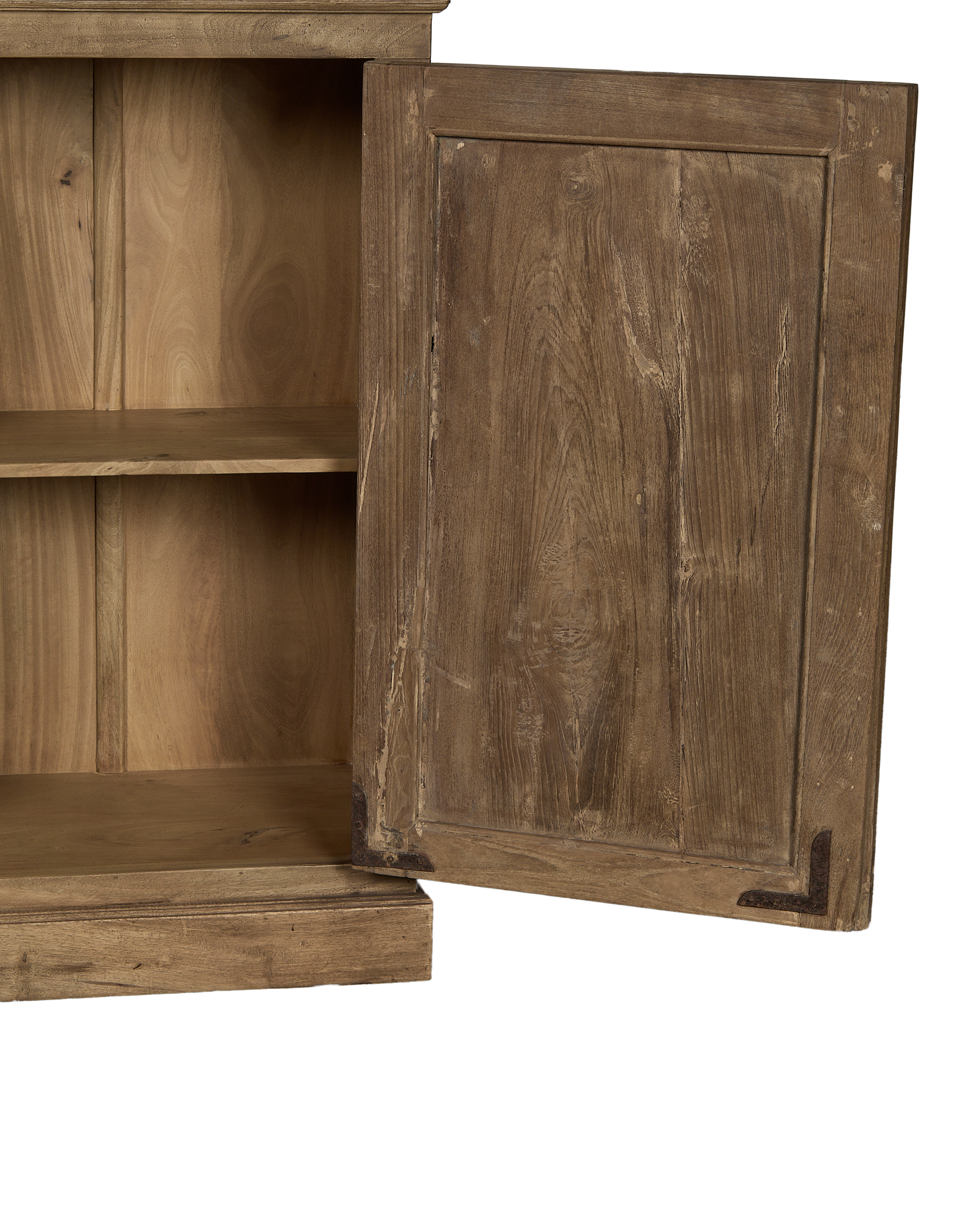 Open vintage bleached oak wood cabinet showing interior shelves and worn hinges.
