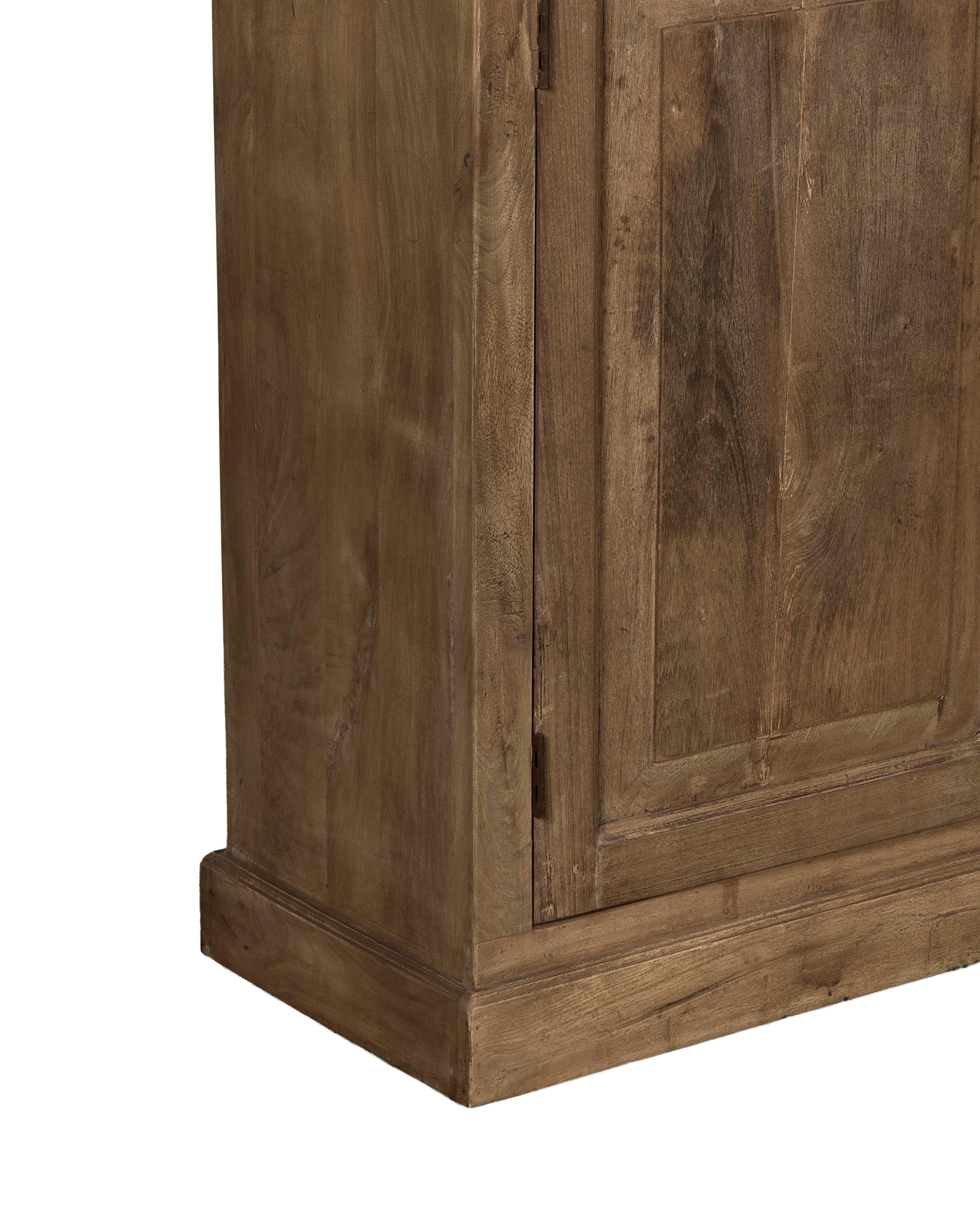 Left side panel of vintage bleached oak cabinet from India, showing wood grain.