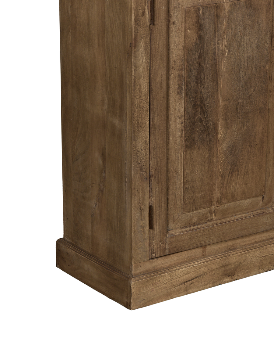 Left side panel of vintage bleached oak cabinet from India, showing wood grain.