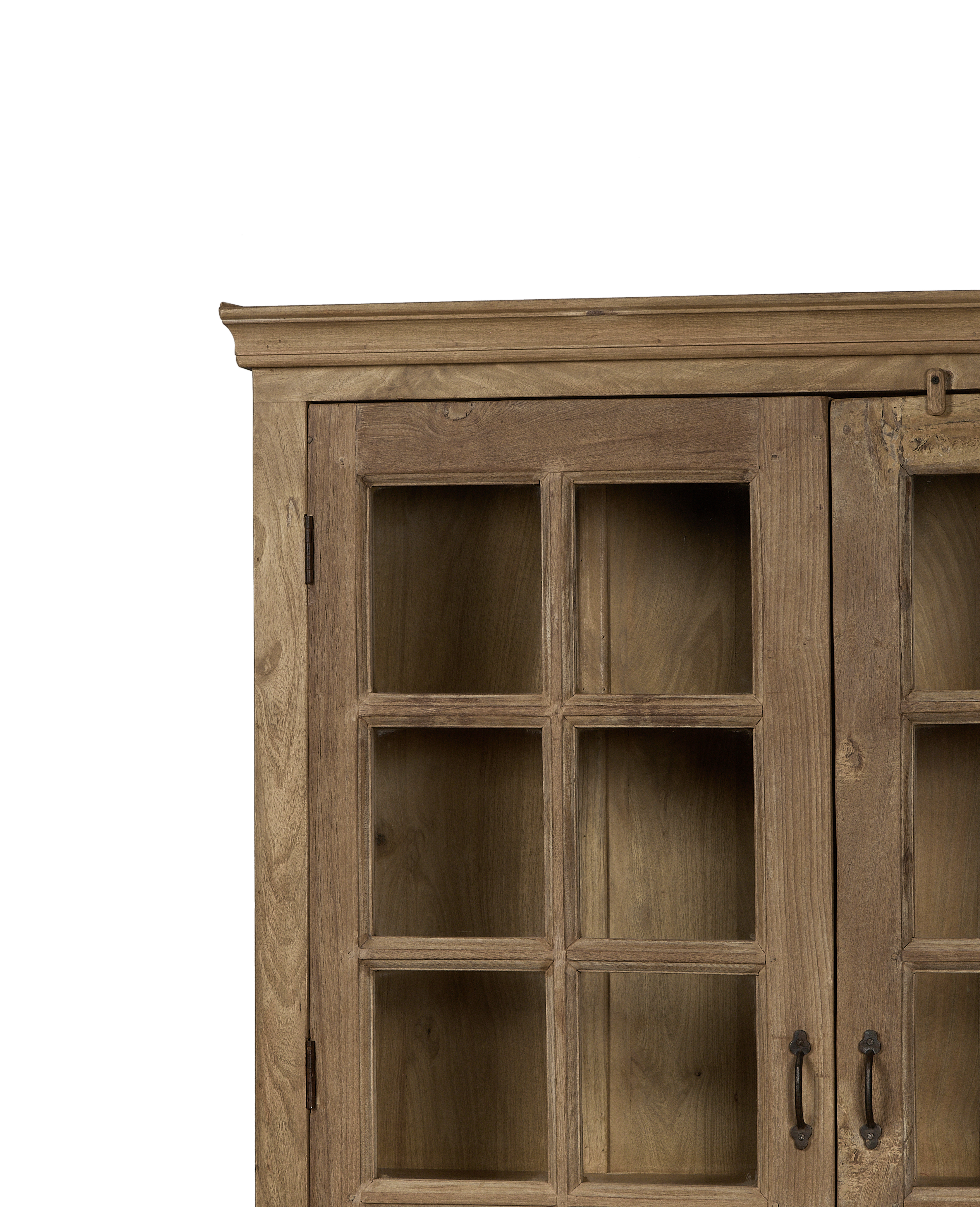 Vintage bleached oak cabinet's glass doors with weathered wood grid detail and rustic pull handles.