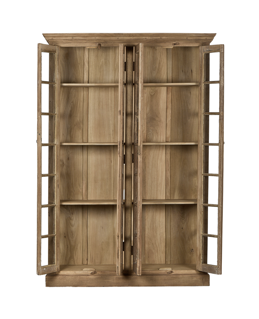 Open vintage bleached oak cabinet from India, showcasing inner shelves and door details.