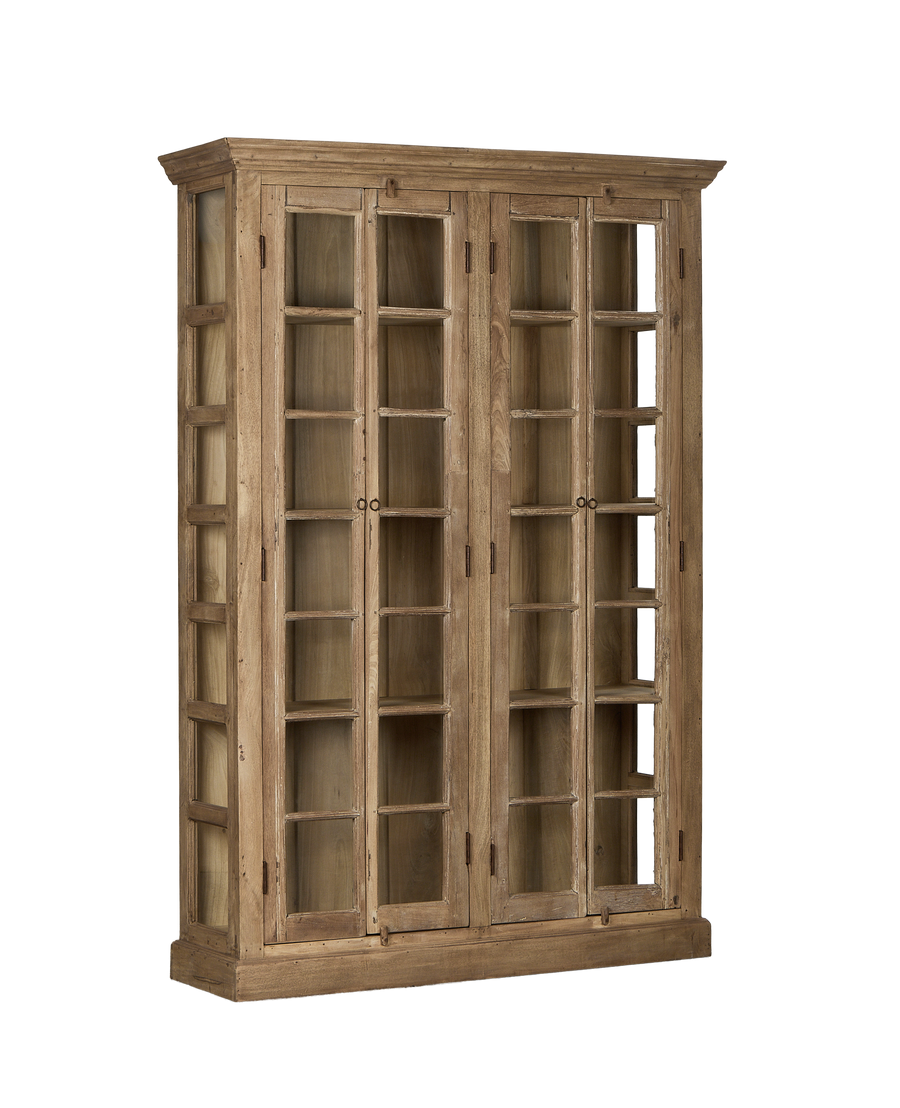 Vintage Indian bleached oak display cabinet with glass doors on black background.