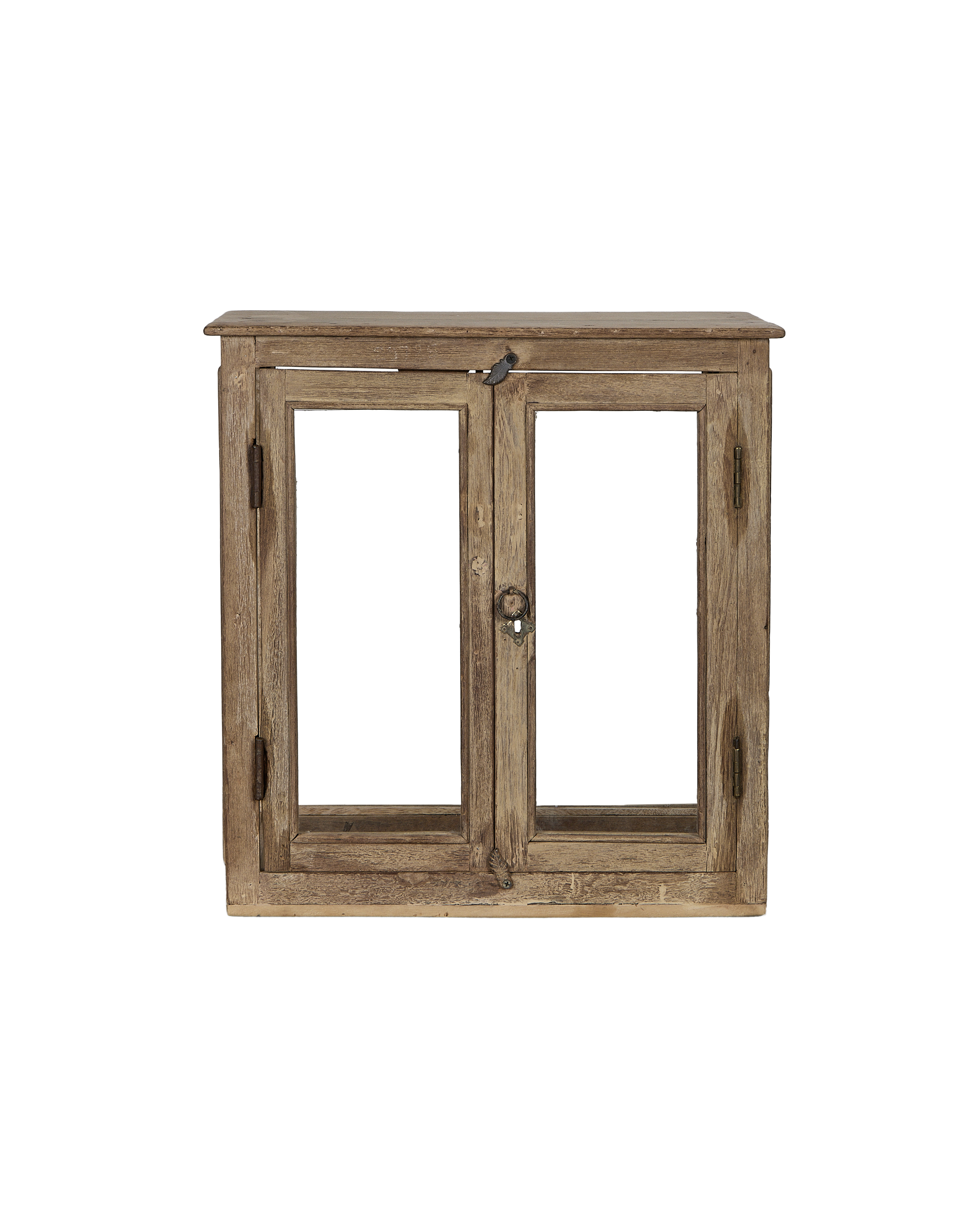 Vintage bleached oak perfume cabinet from India, featuring two glass panel doors with rustic metal hardware.