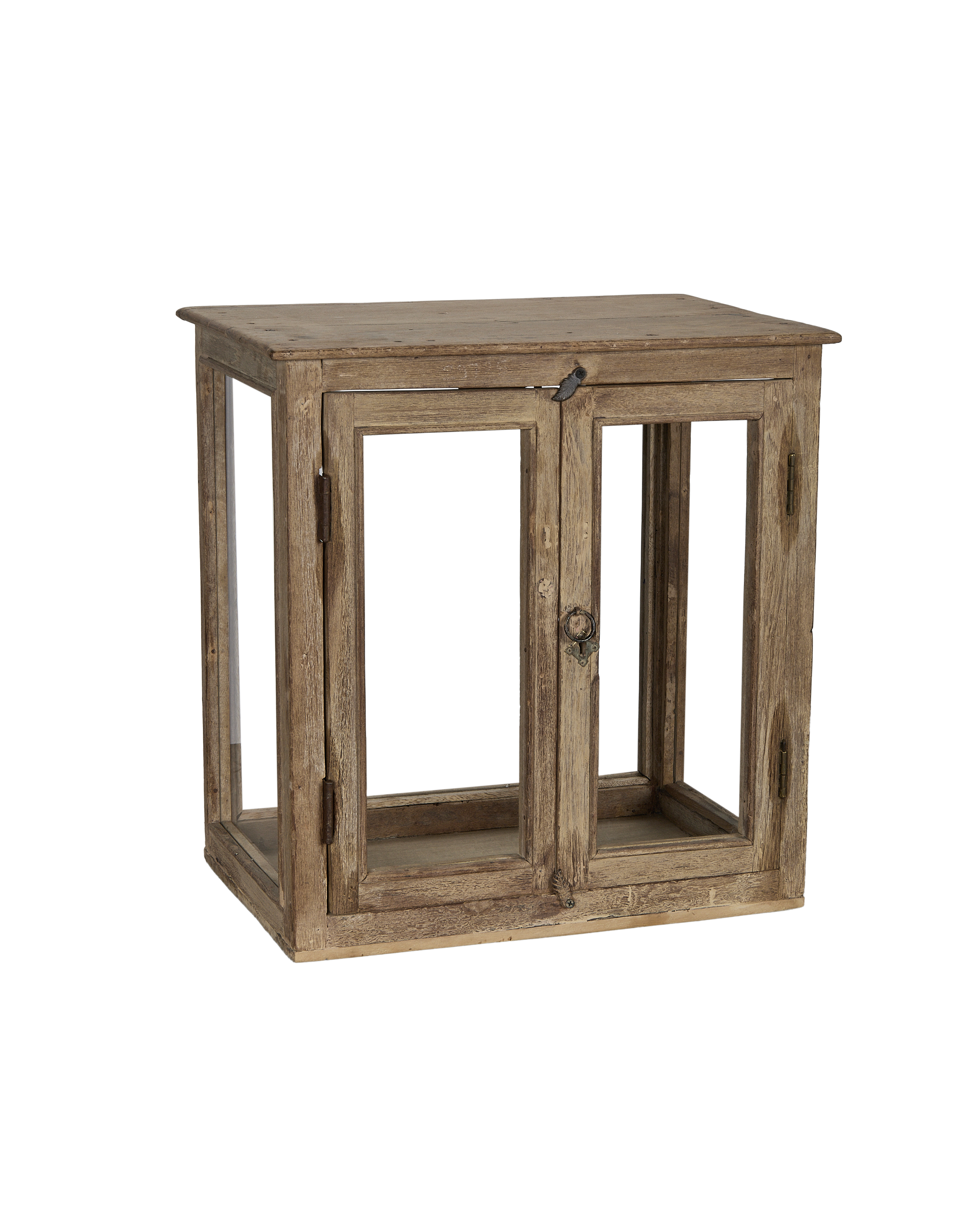 Oak vintage India perfume cabinet, bleached finish, showing front doors and side display.