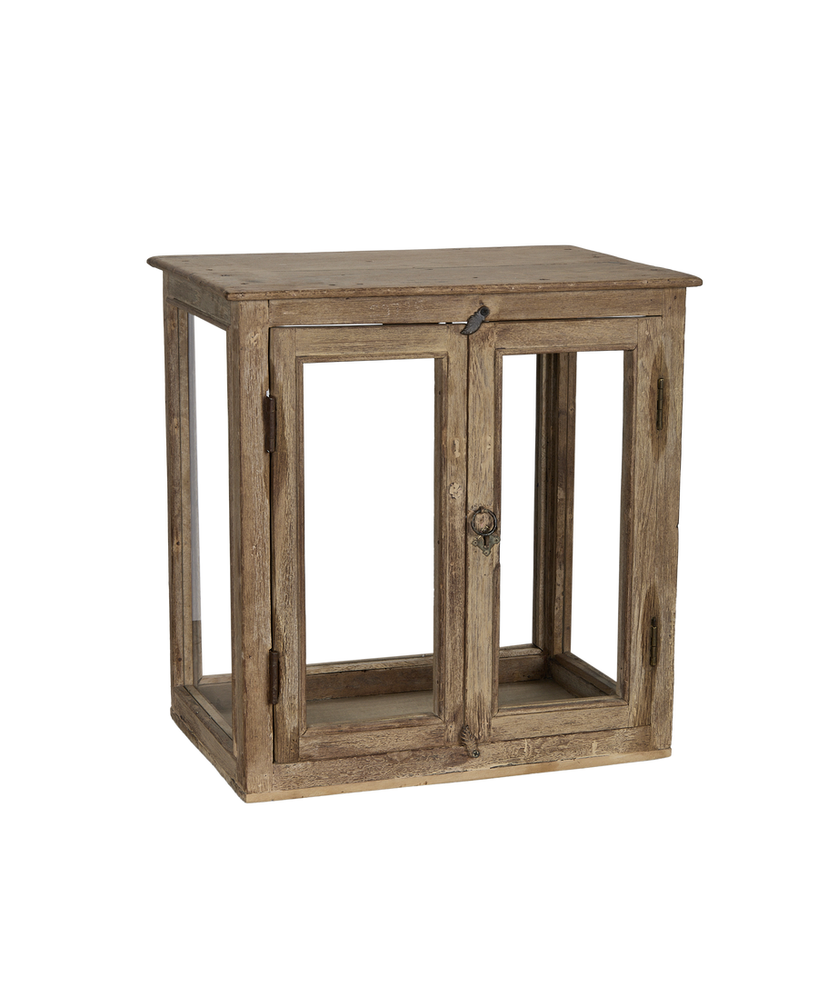Oak vintage India perfume cabinet, bleached finish, showing front doors and side display.