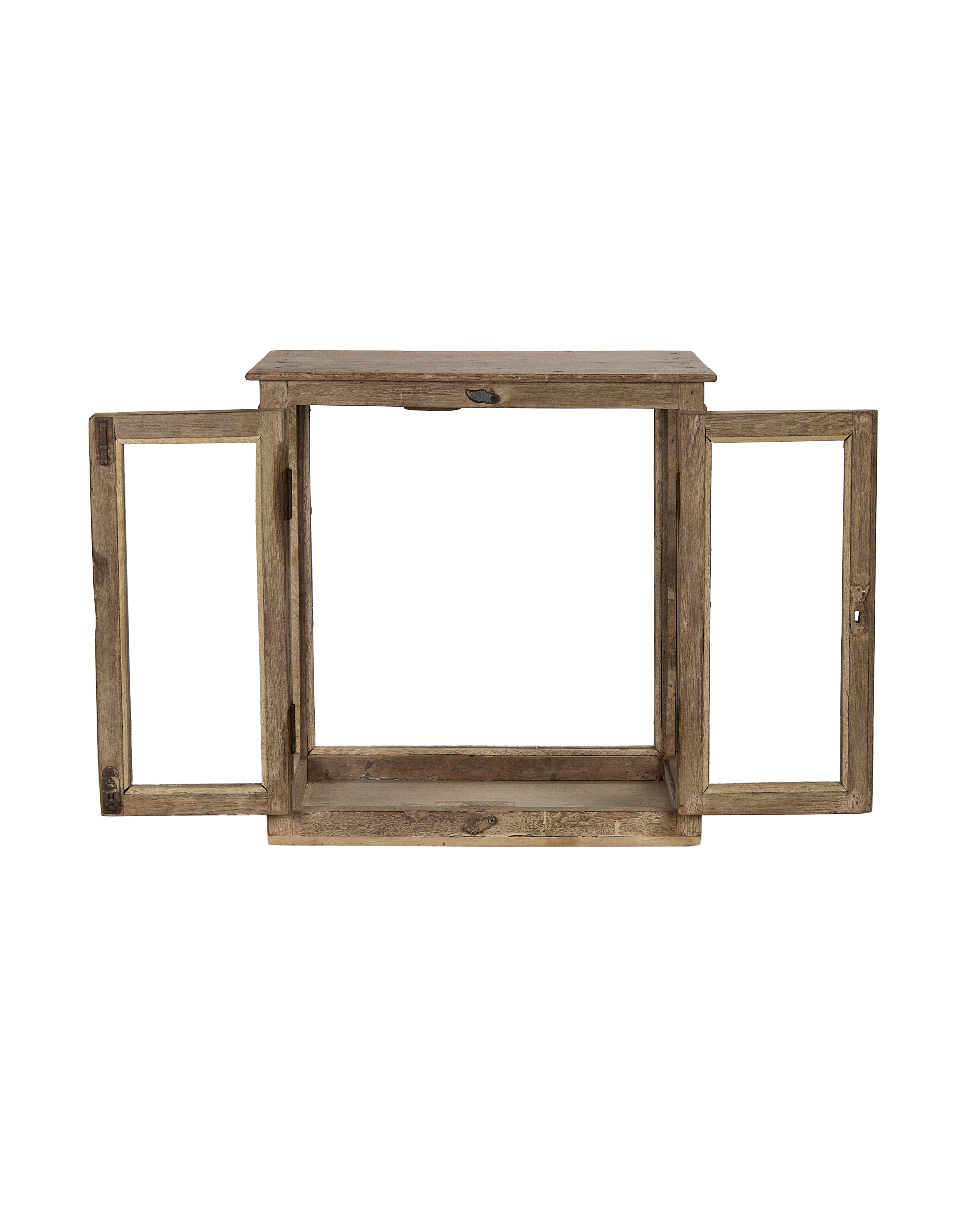 Vintage bleached oak perfume cabinet from India, front view with both doors open.