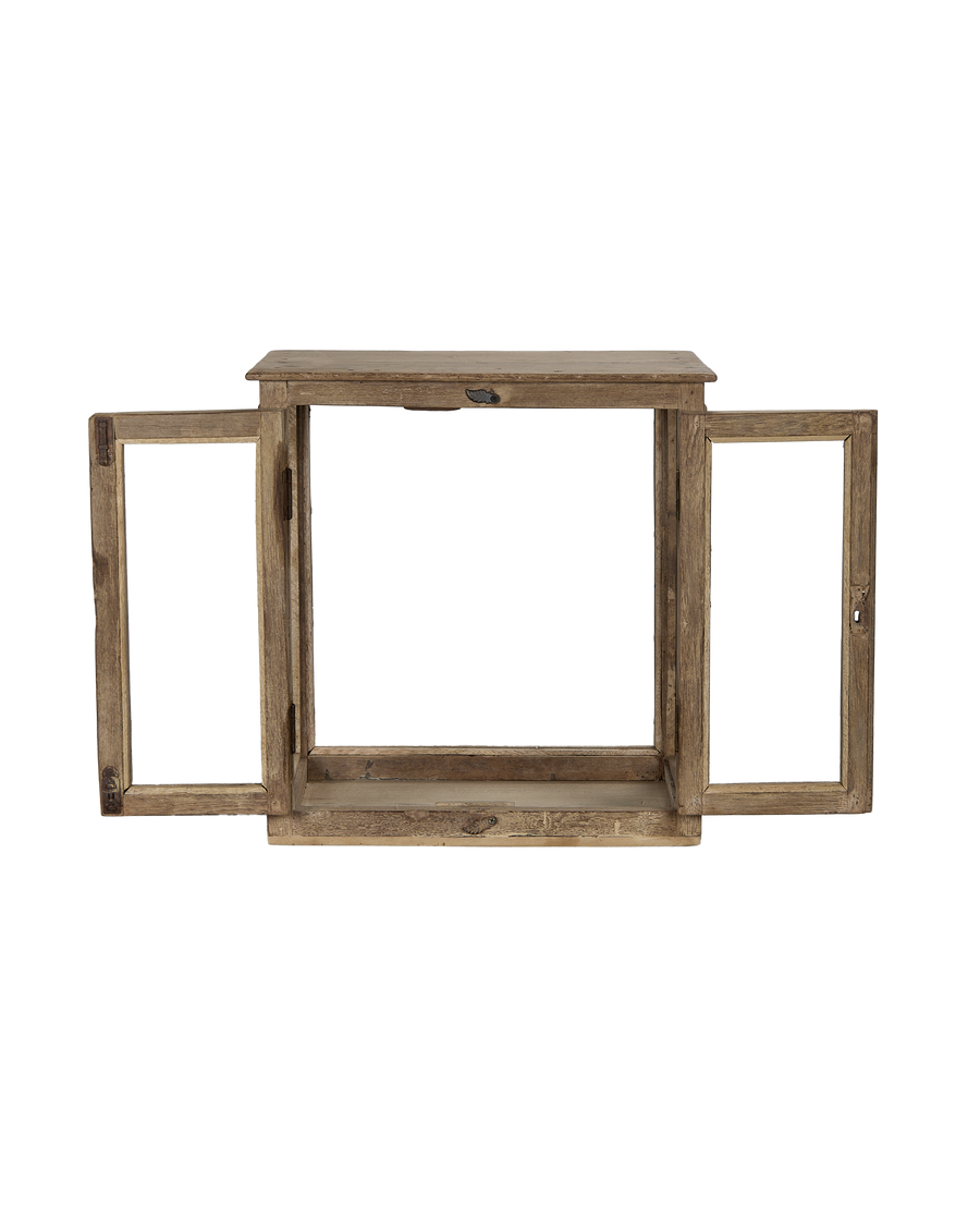 Vintage bleached oak perfume cabinet from India, front view with both doors open.