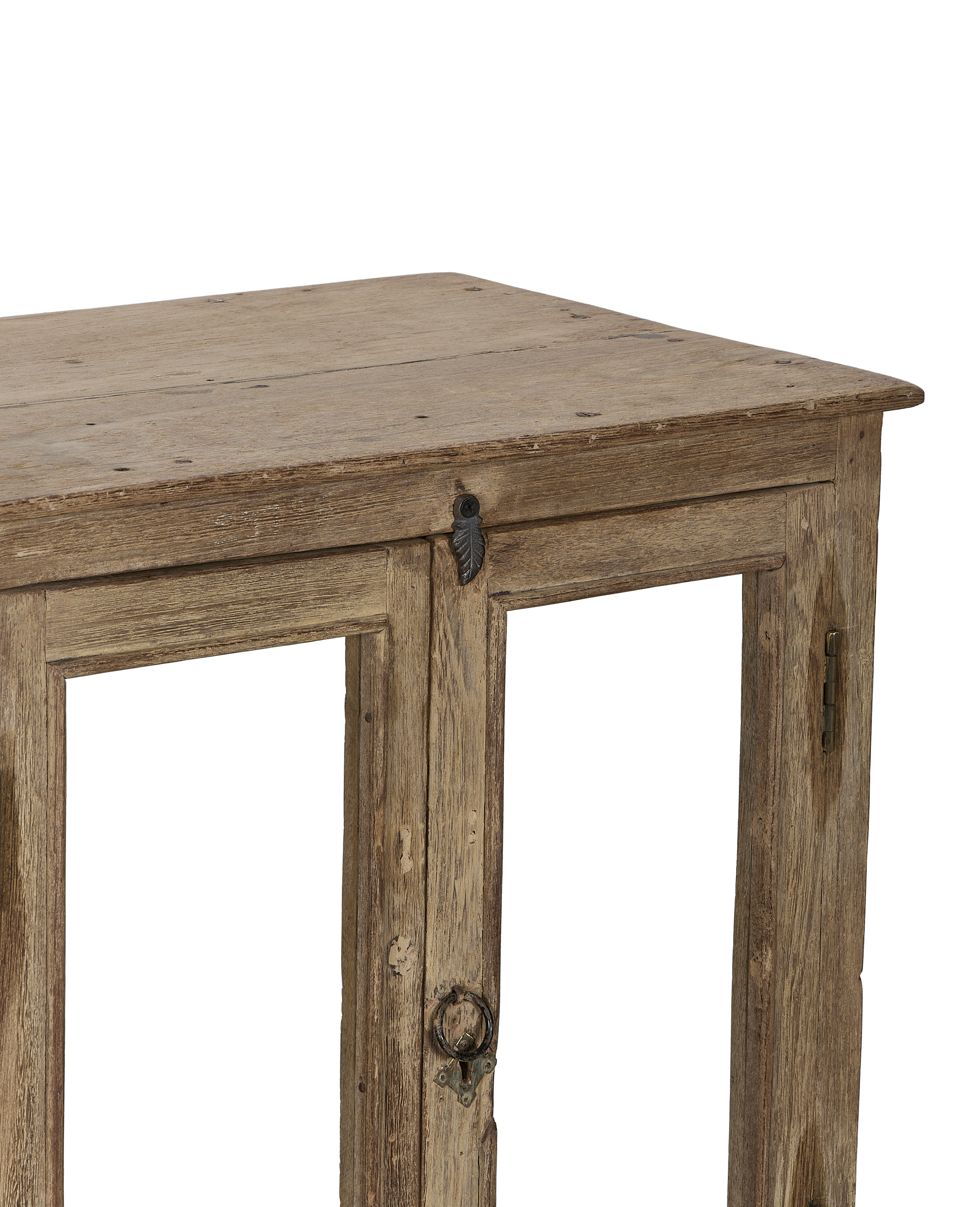 Vintage Indian bleached oak perfume cabinet's front and top, highlighting the aged wood texture, antique hardware, and two bottom doors with ring pull.