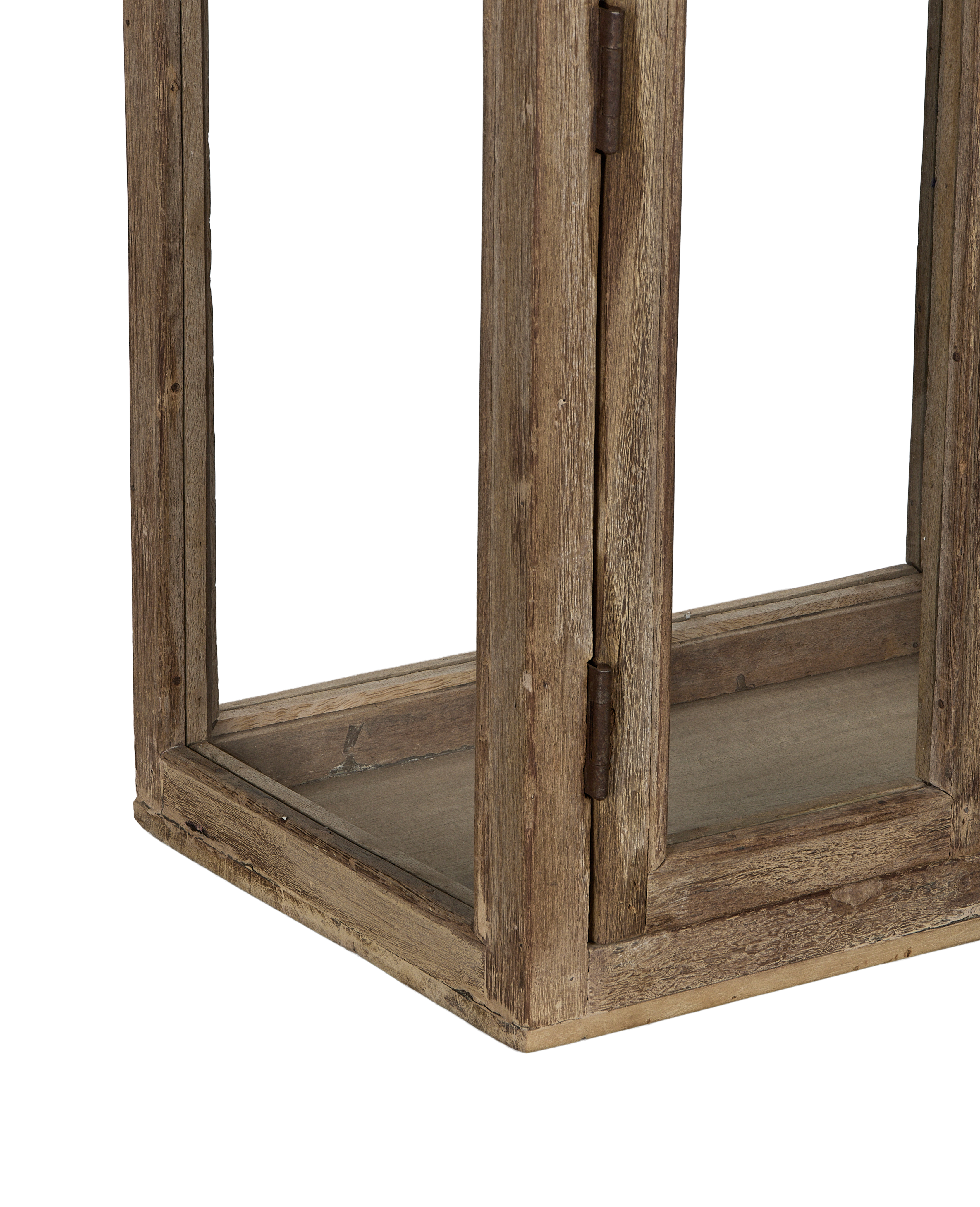 Vintage bleached oak perfume cabinet, showing rustic hinge detail and bottom shelf, from India.