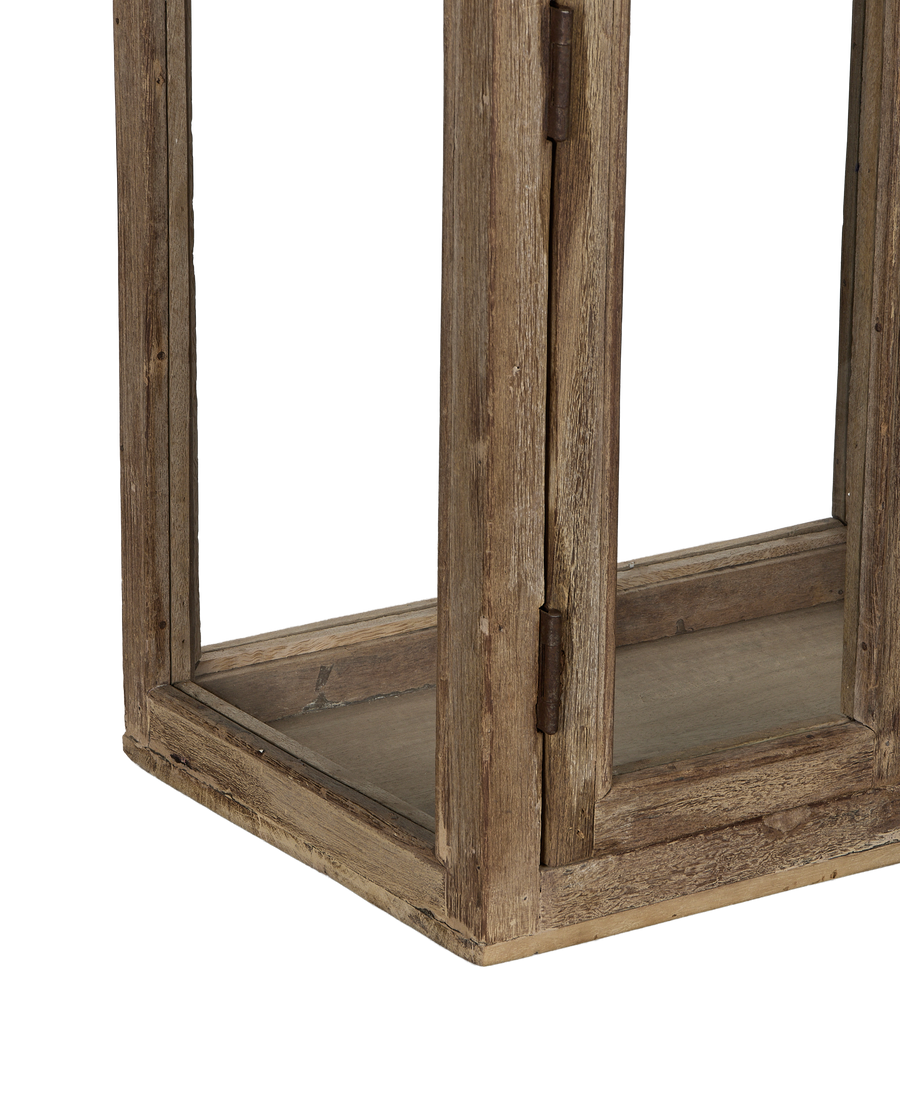 Vintage bleached oak perfume cabinet, showing rustic hinge detail and bottom shelf, from India.