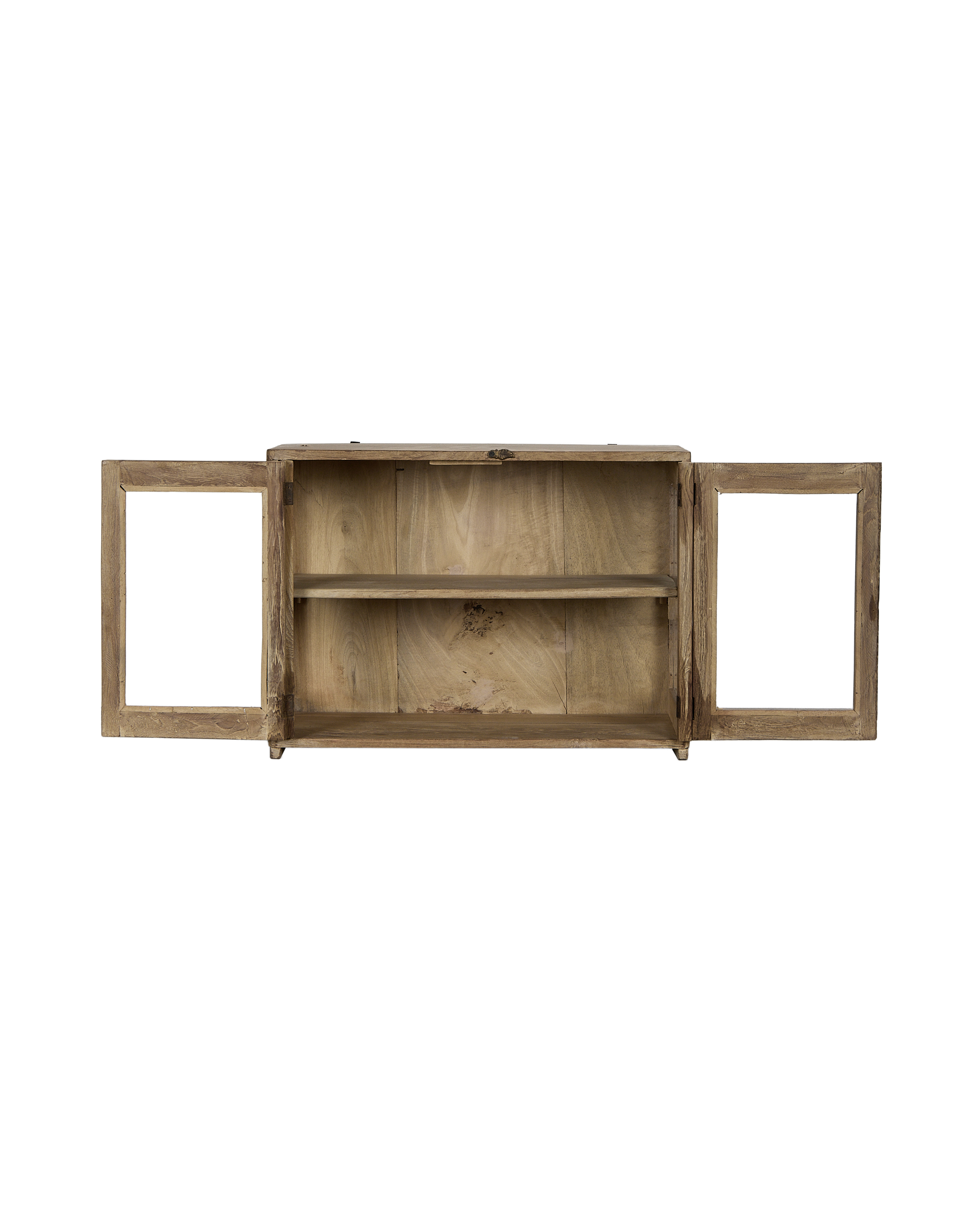 Vintage bleached oak perfume cabinet from India, showing open doors and inside shelves.
