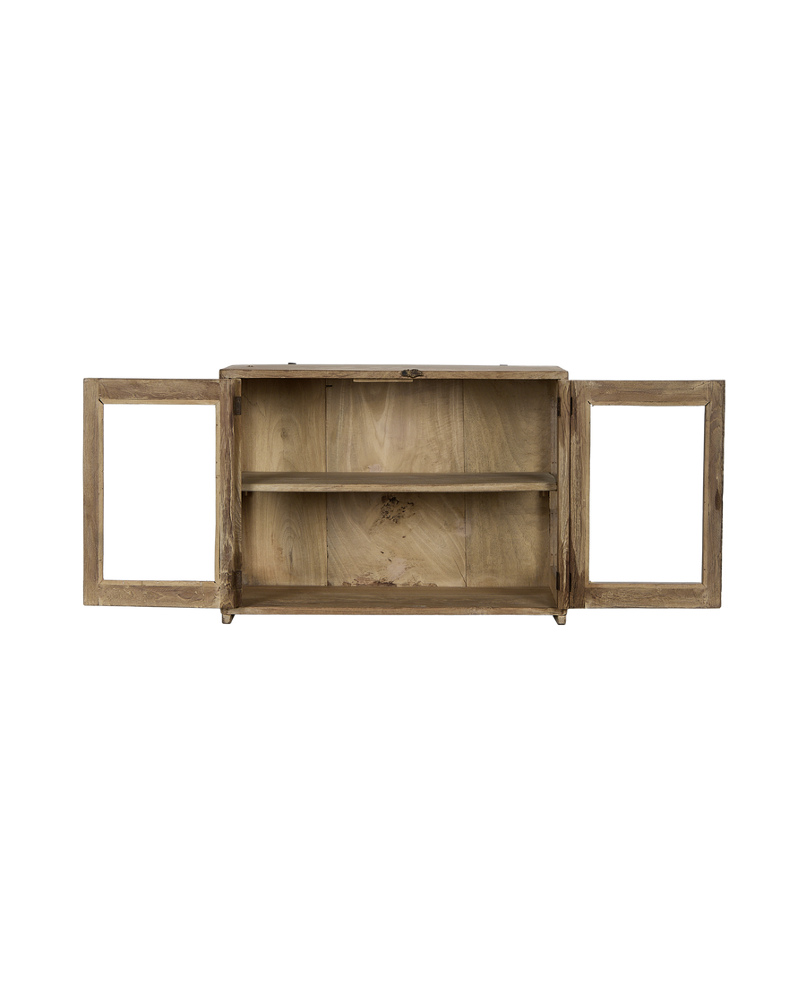 Vintage bleached oak perfume cabinet from India, showing open doors and inside shelves.