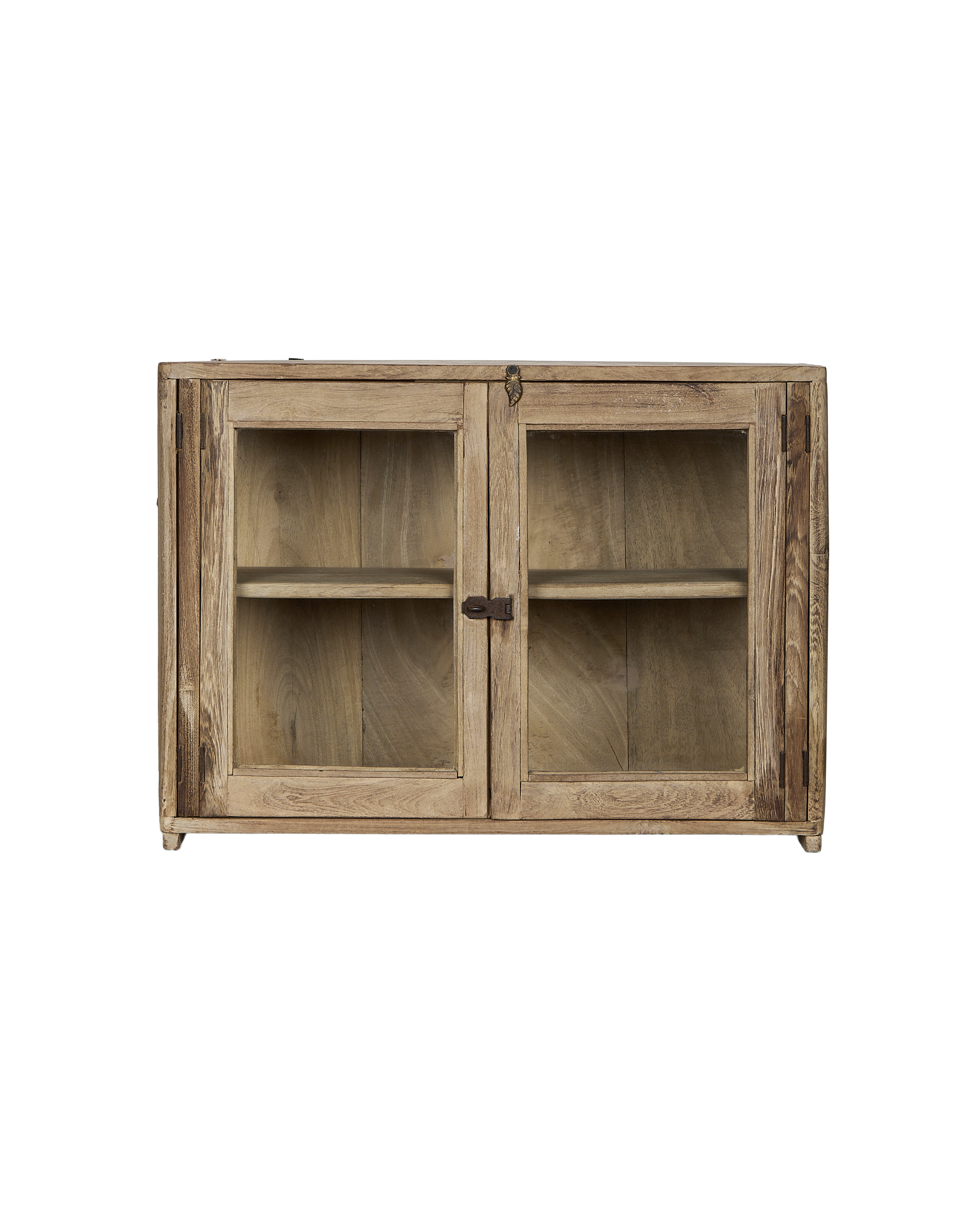 Vintage Perfume Cabinet: Bleached oak from India, featuring two glass doors with rustic latches.
