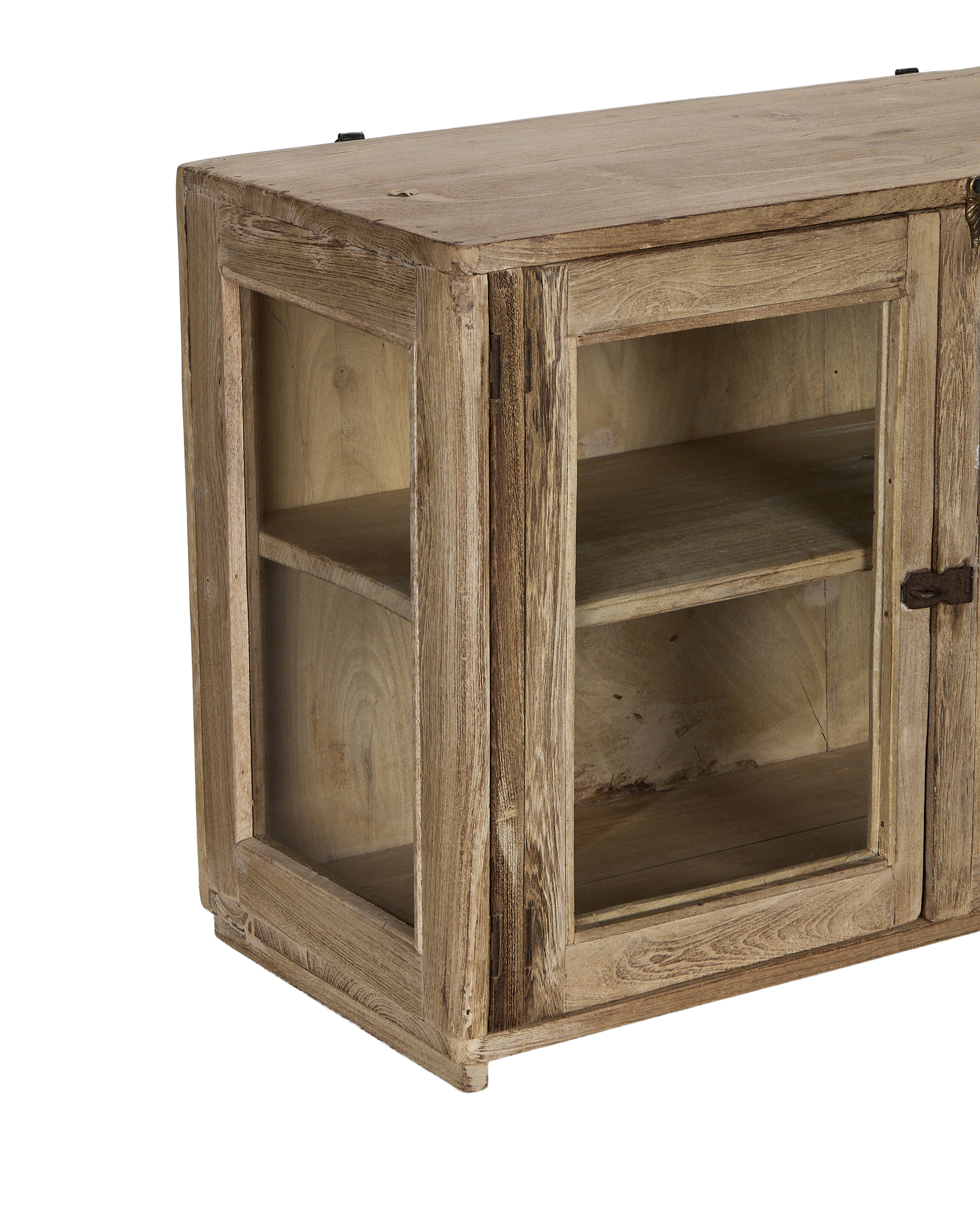 Vintage bleached oak perfume cabinet, close-up of glass door and interior shelves.