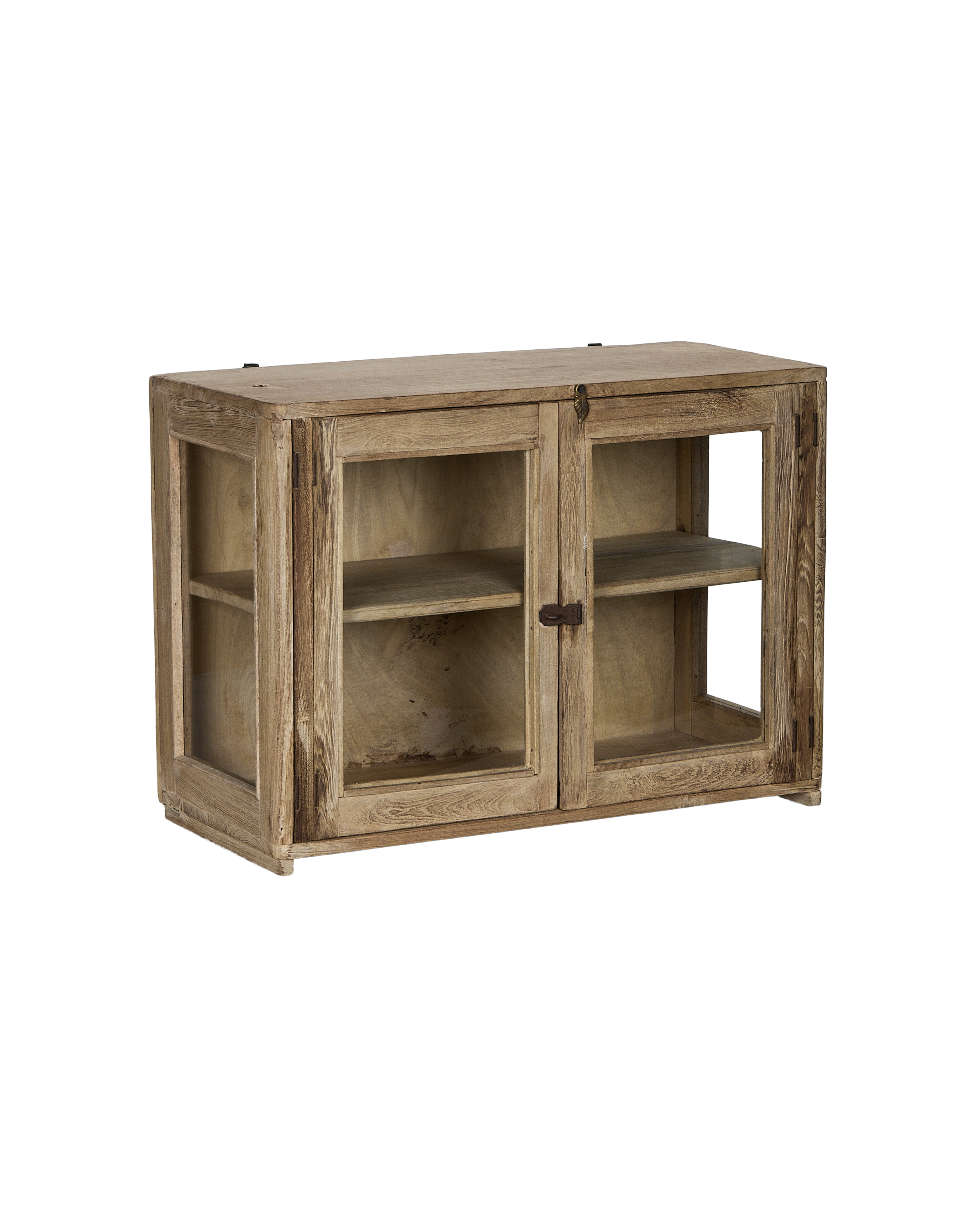 Vintage bleached oak perfume cabinet from India, displaying two glass doors and interior shelving.