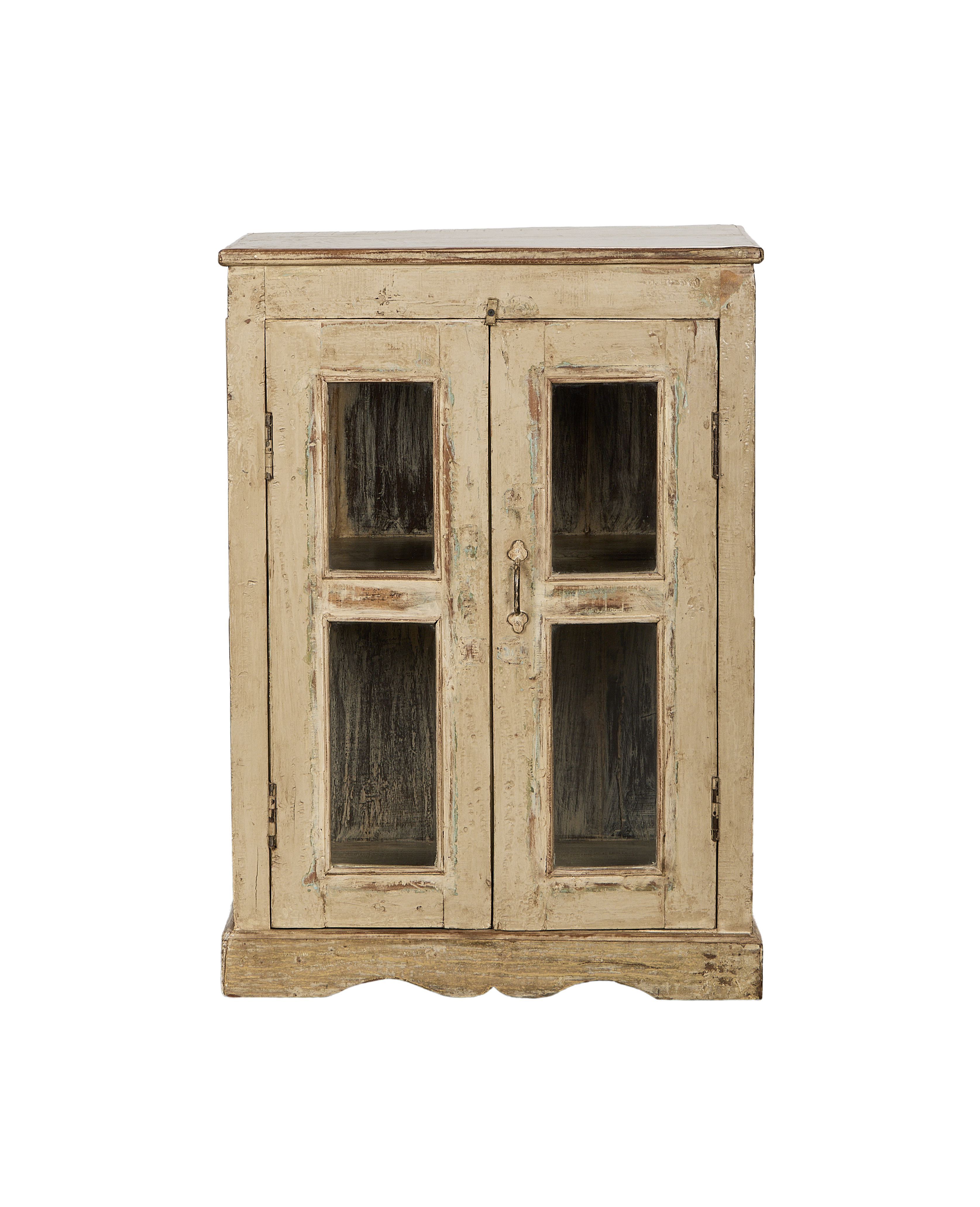 Vintage oak wood cabinet from India, distressed off-white paint finish, two glass panel doors.