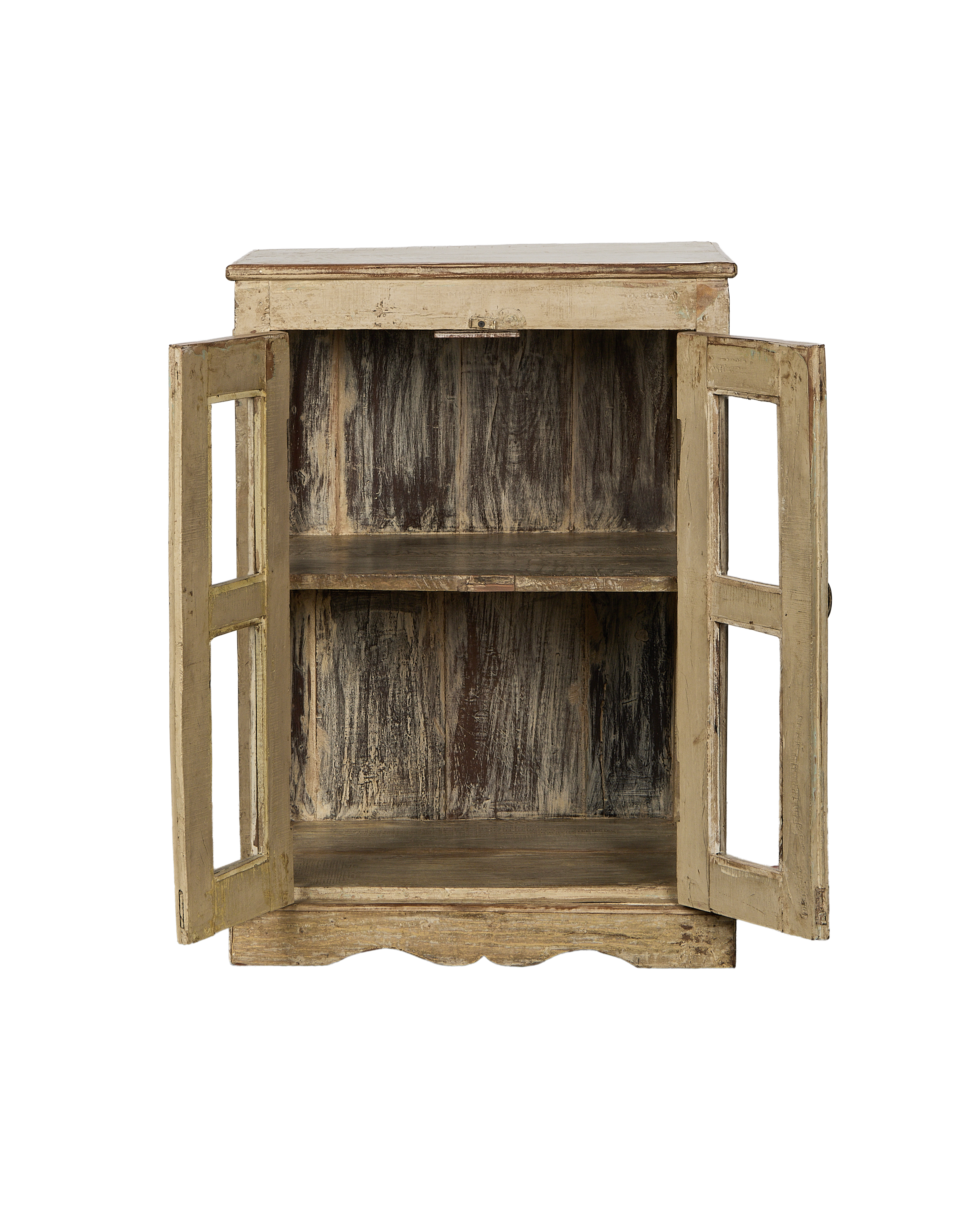 Vintage Indian oak cabinet, painted, doors fully open revealing two interior shelves.