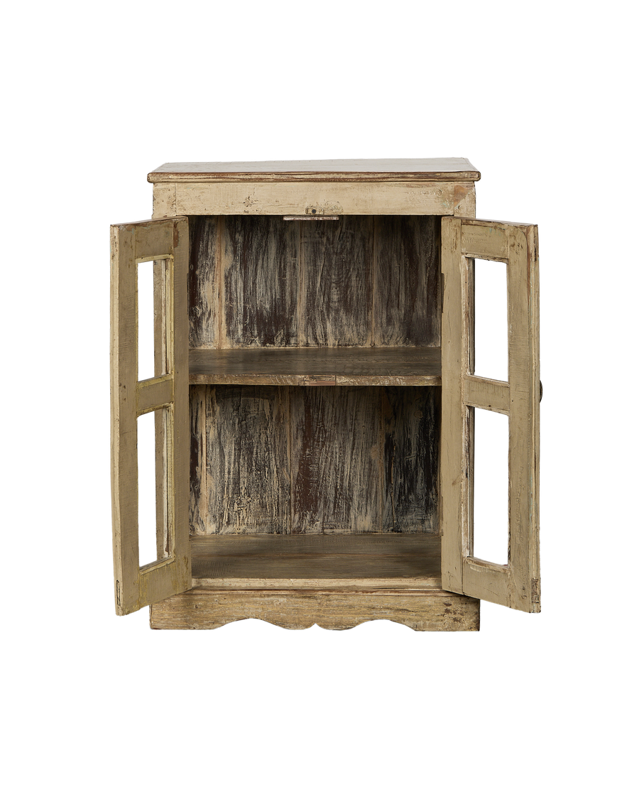 Vintage Indian oak cabinet, painted, doors fully open revealing two interior shelves.