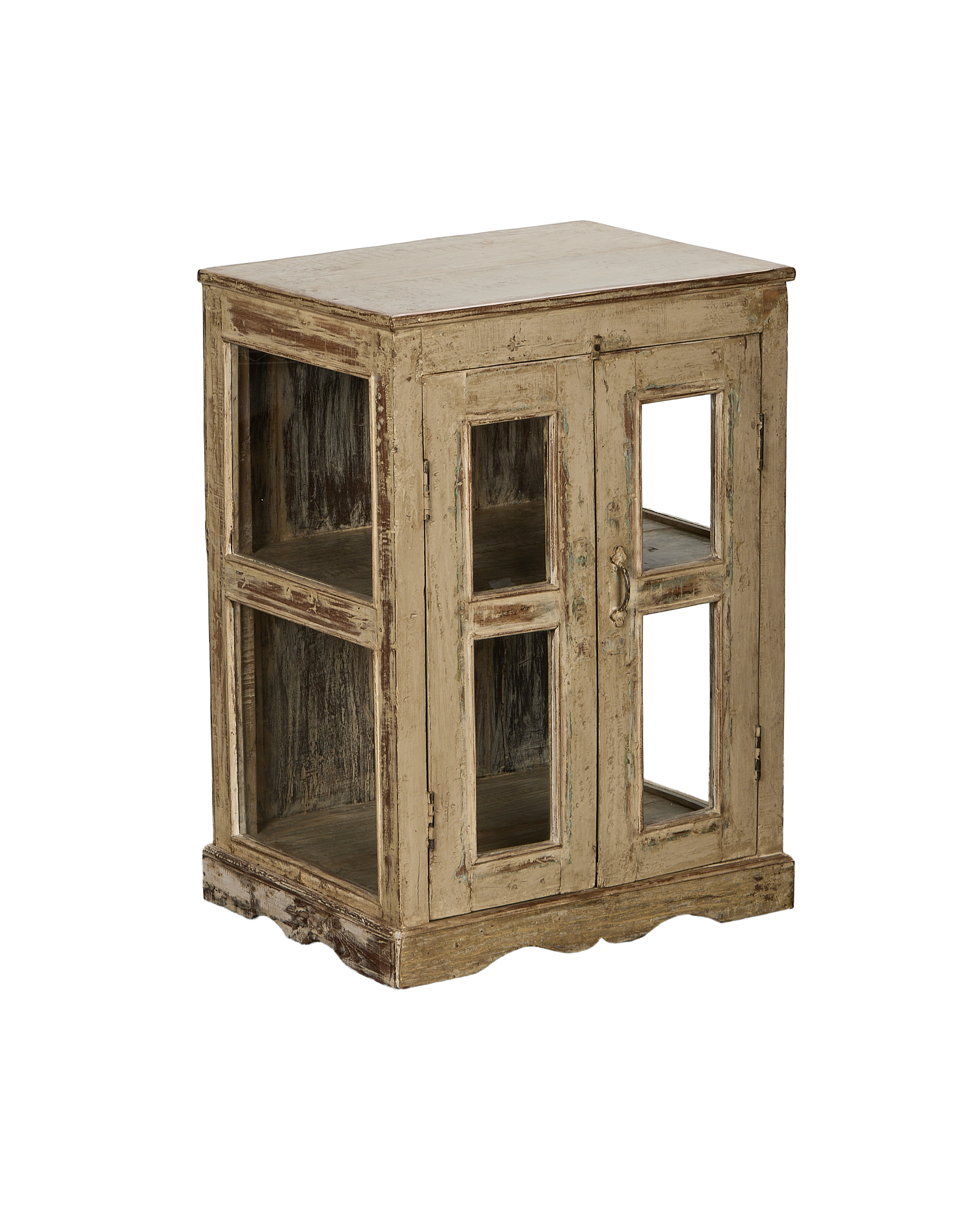 Vintage Indian oak cabinet, painted, showcasing open side shelves and distressed white finish.