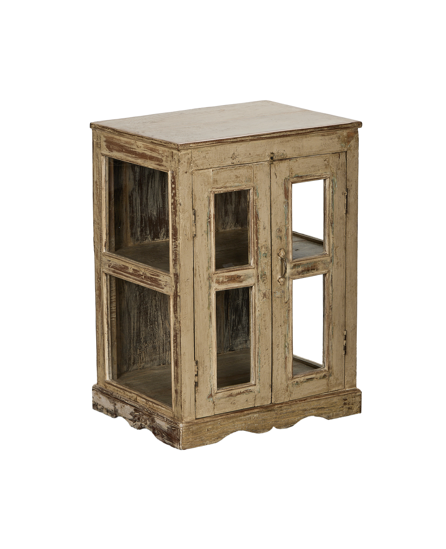 Vintage Indian oak cabinet, painted, showcasing open side shelves and distressed white finish.