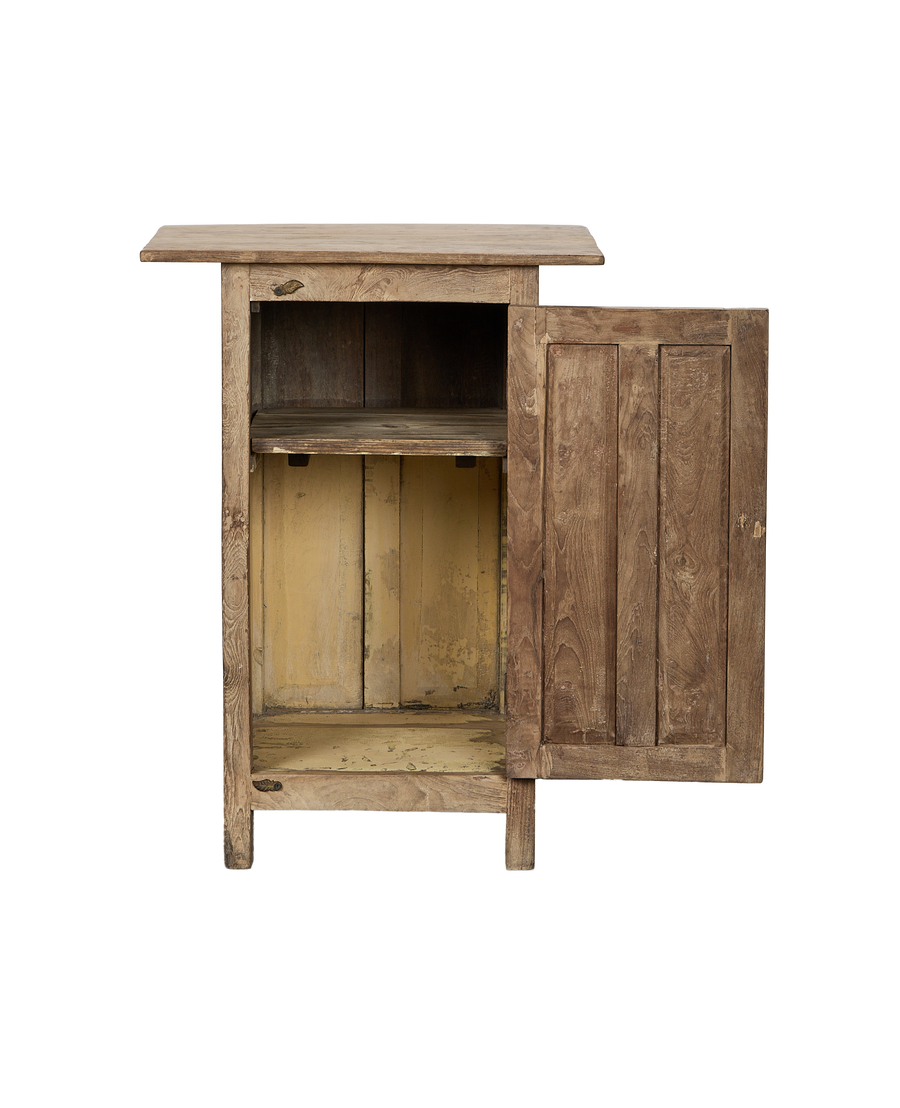 Vintage bleached oak cabinet from India, open door revealing interior shelves with weathered yellow paint.