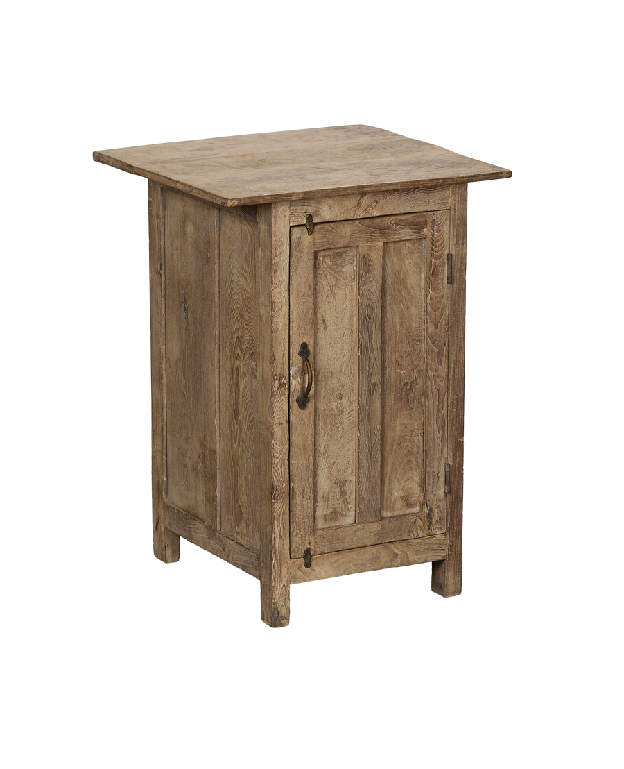 Vintage bleached oak cabinet from India, displaying a front-facing door and rustic hardware.
