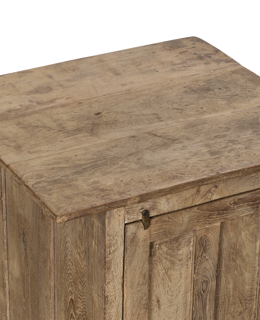 Vintage bleached oak cabinet top surface, showing distressed wood grain and subtle imperfections.