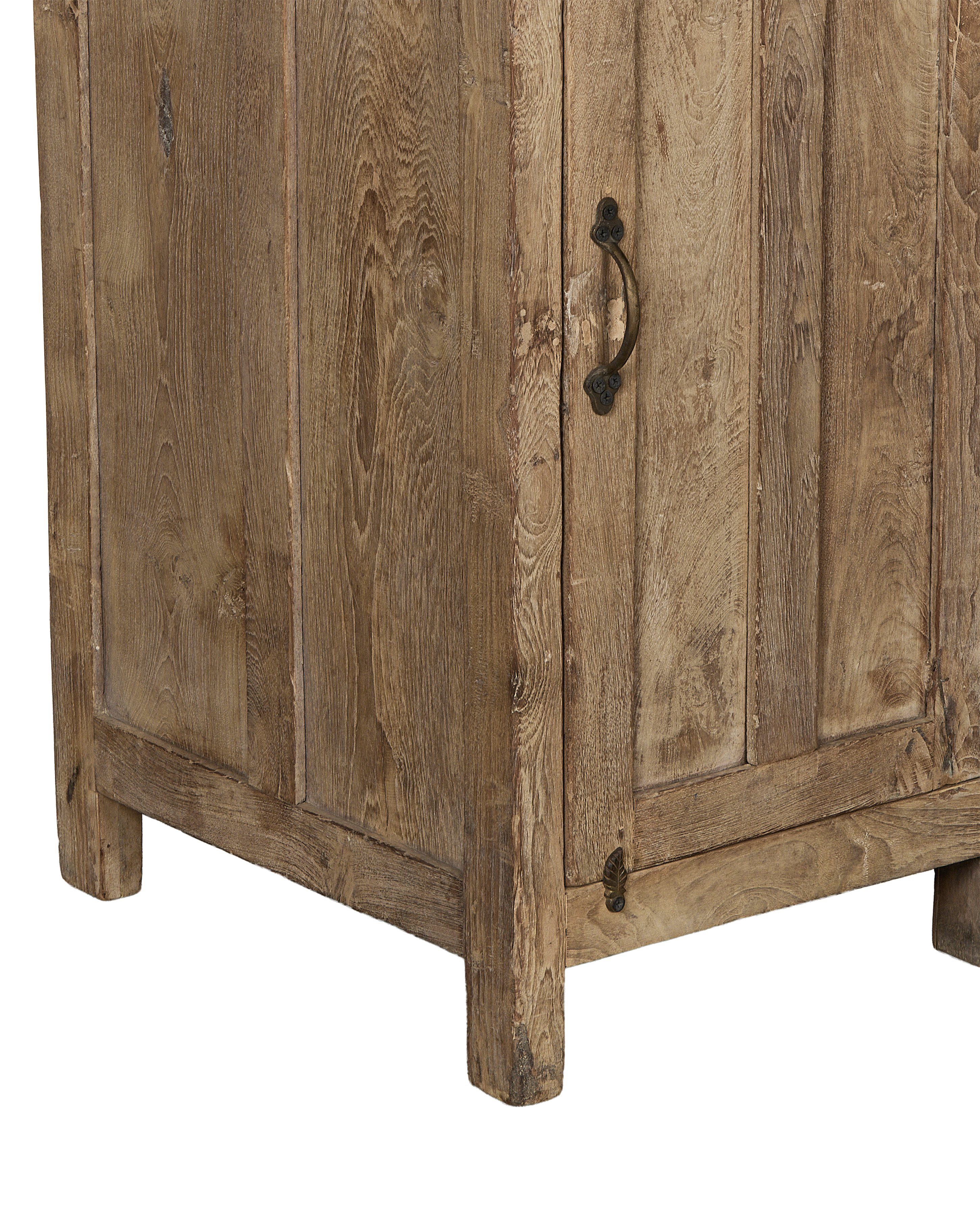 Vintage bleached oak cabinet from India, showing weathered wood texture and aged bronze handle.