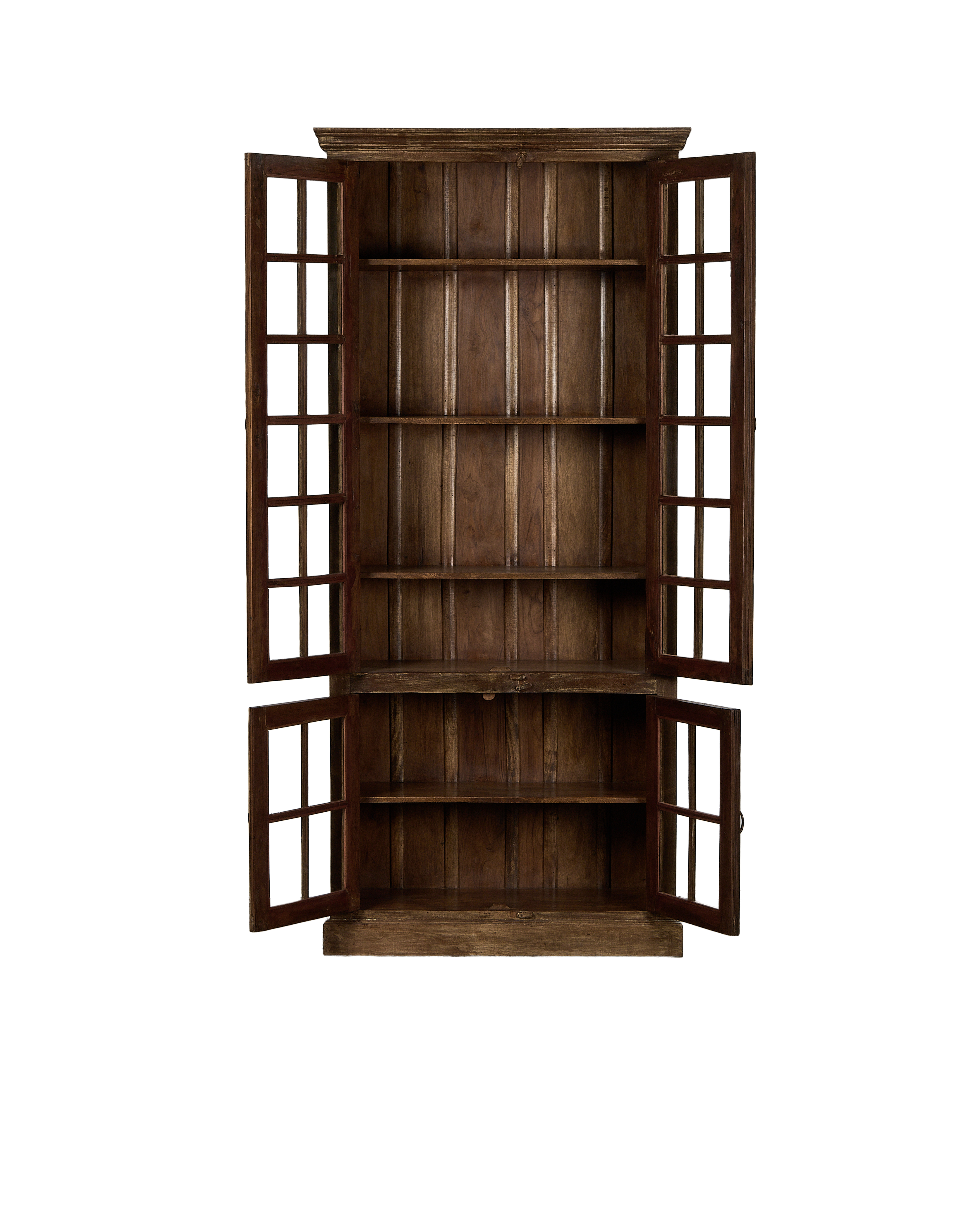 Vintage oak display cabinet from India, bleached wood finish, doors open.