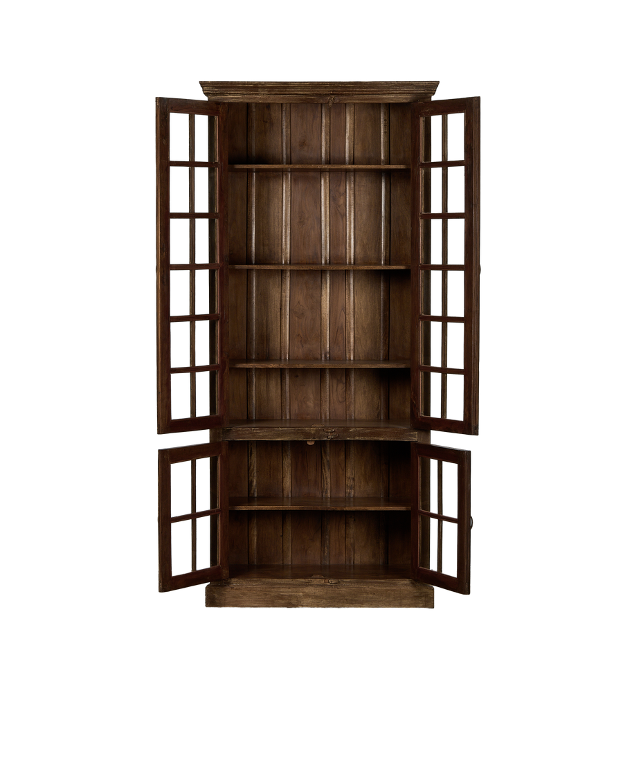 Vintage oak display cabinet from India, bleached wood finish, doors open.