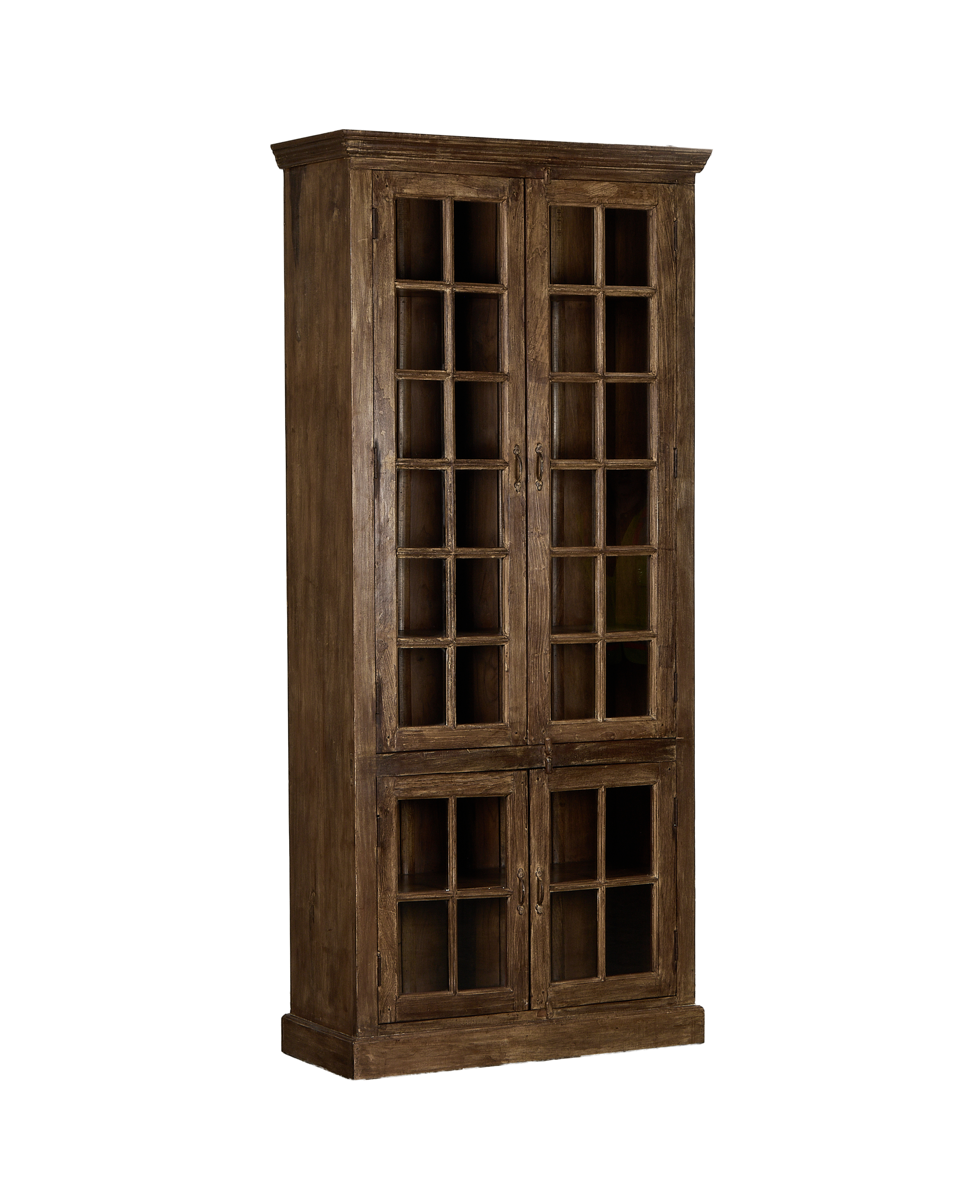 Vintage bleached oak cabinet from India, displaying a distressed finish and glass doors.