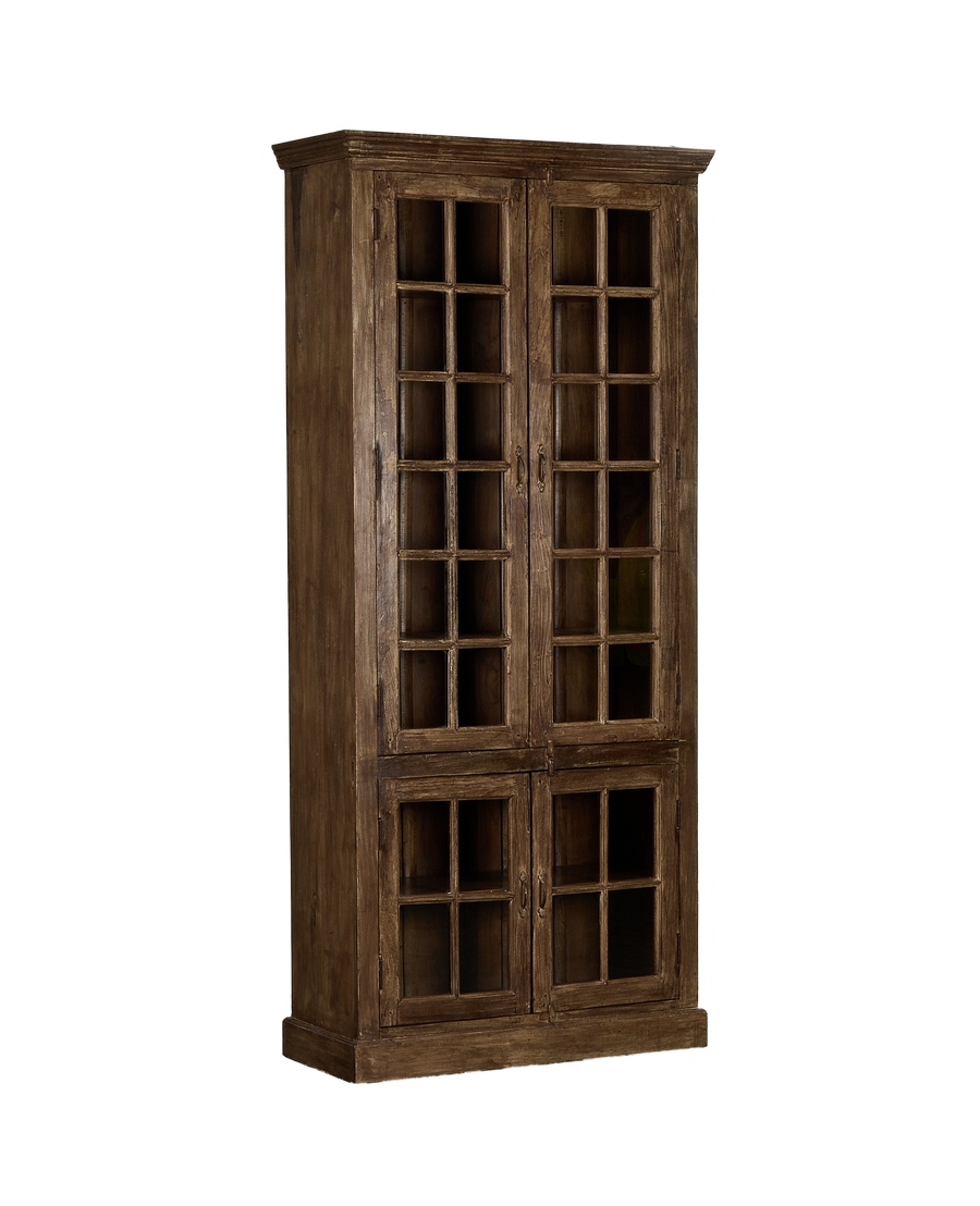 Vintage bleached oak cabinet from India, displaying a distressed finish and glass doors.