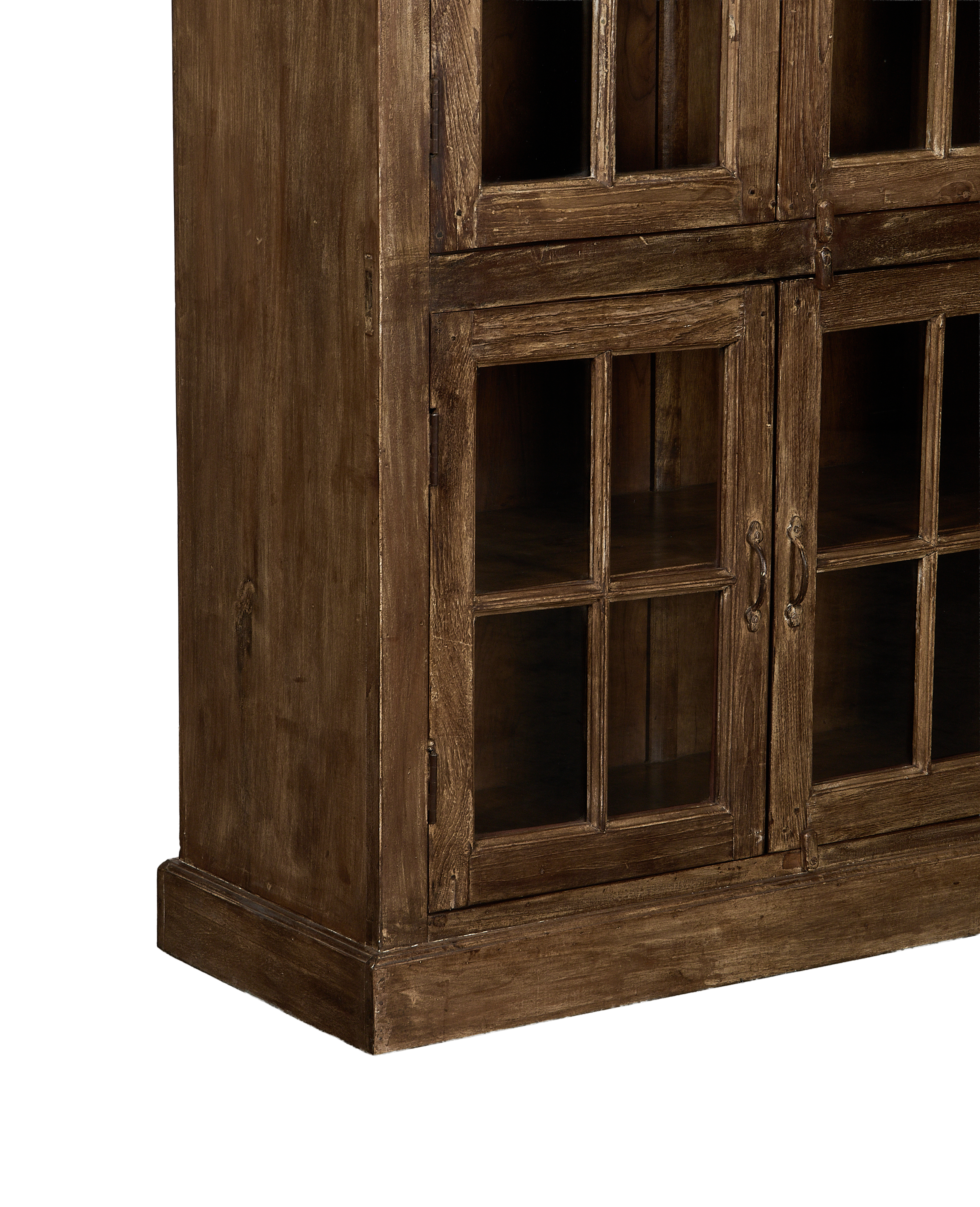 Vintage oak India wood cabinet, bleached finish, showing glass doors and distressed texture detail.