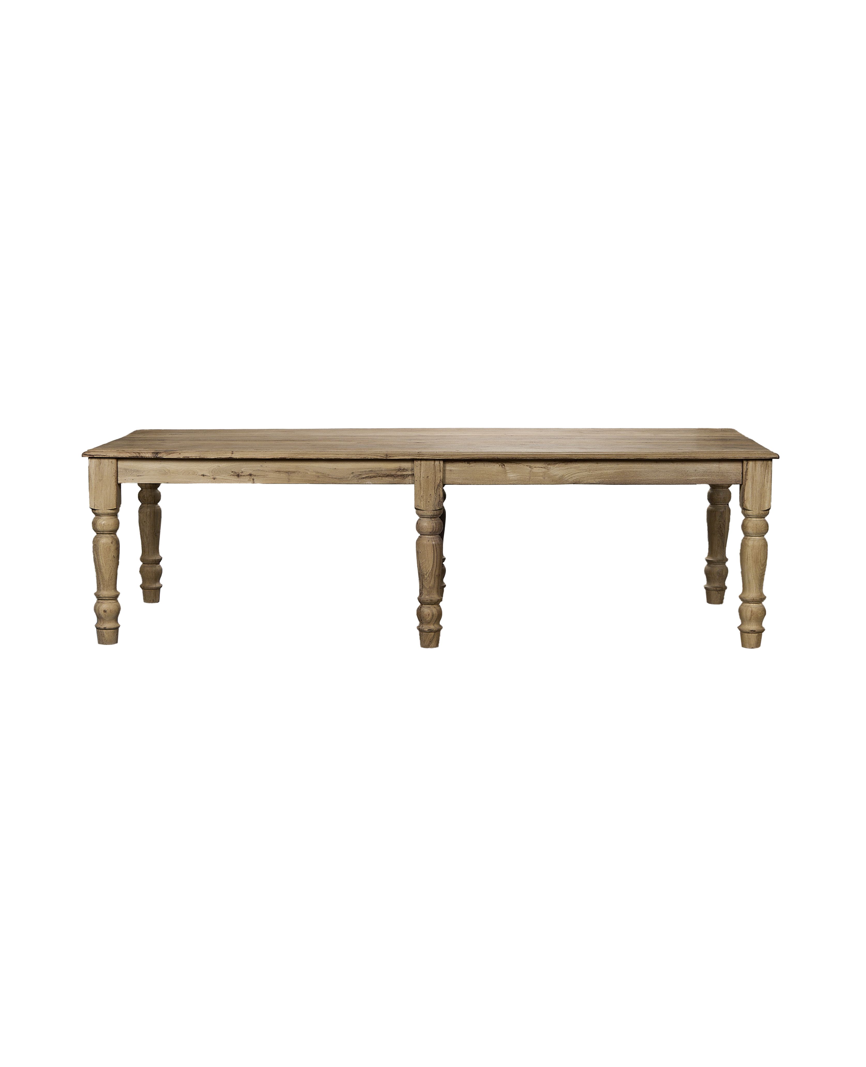 Vintage bleached oak wood dining table, long view, showing turned legs.