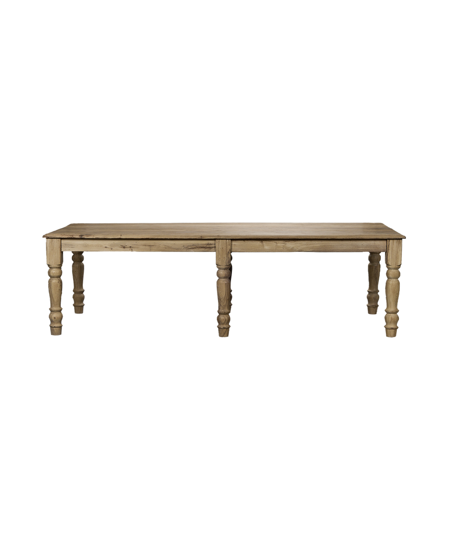Vintage bleached oak wood dining table, long view, showing turned legs.