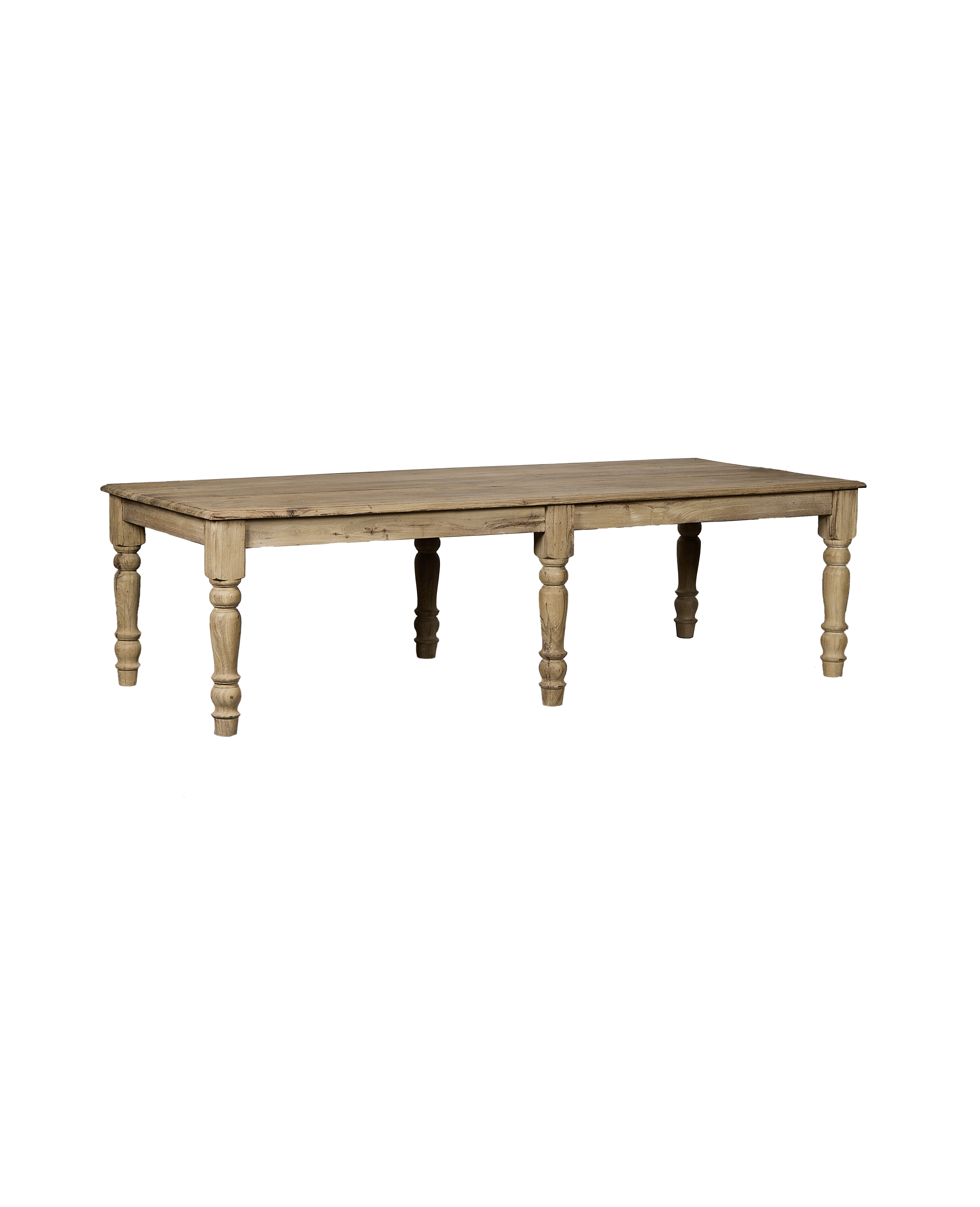 Vintage Indian bleached oak dining table with turned legs, main view.