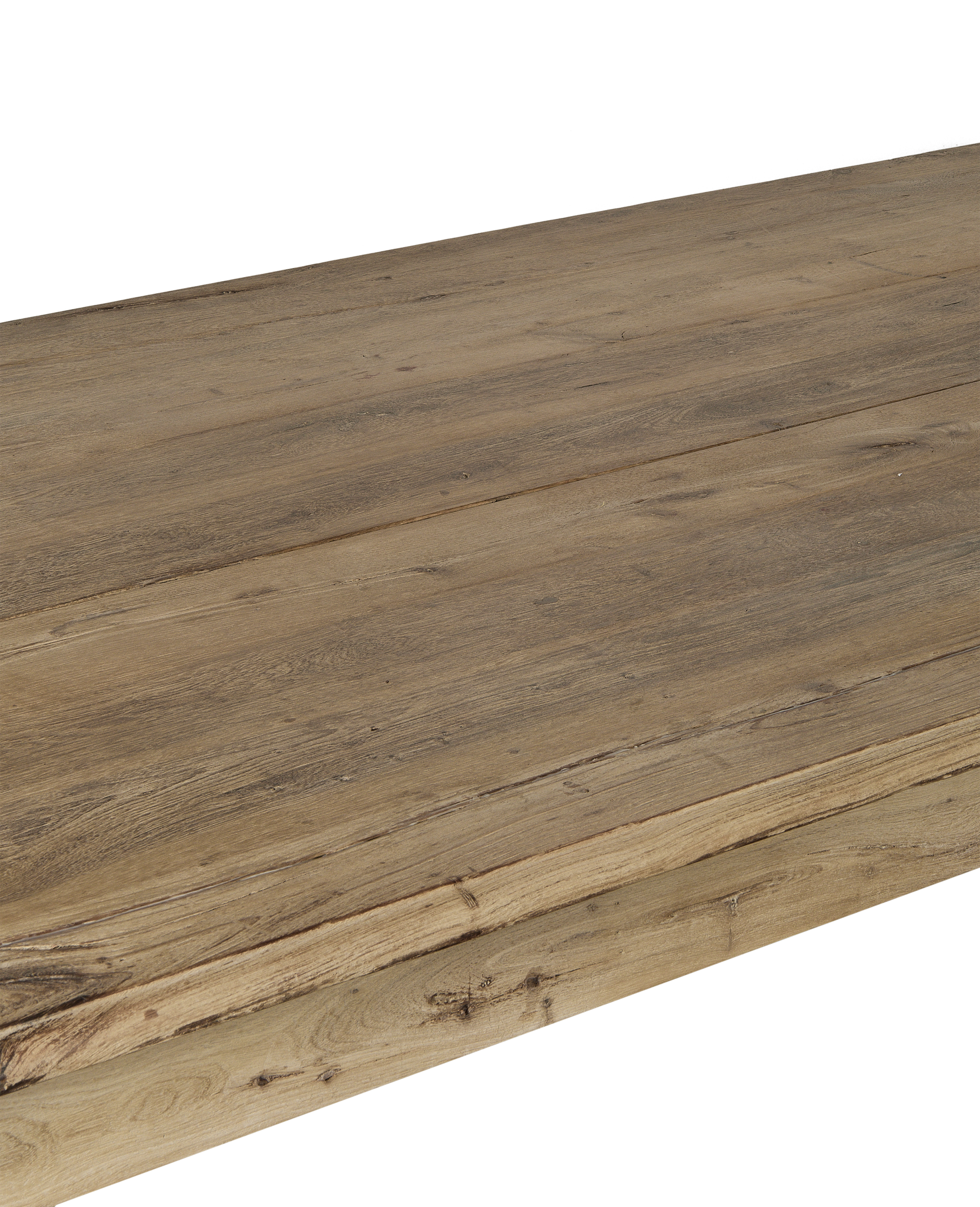 Close-up vintage bleached oak table top, showcasing rustic wood grain and natural imperfections.